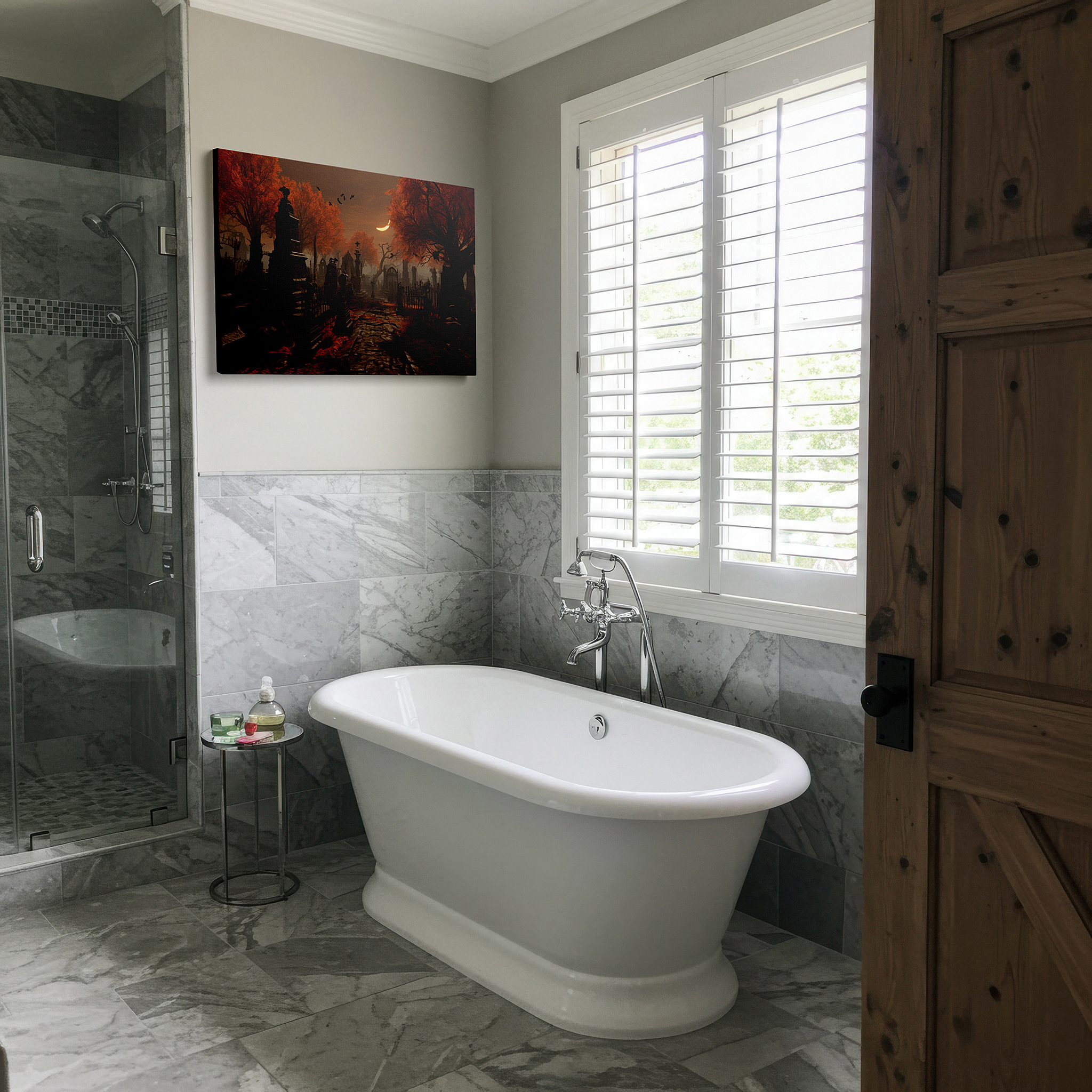 The 75×50 cm version anchors medium rooms without dominating them — wall decor: serene autumn pathway - journey through life's shadows large canvas art, ideal for office and bedroom decor