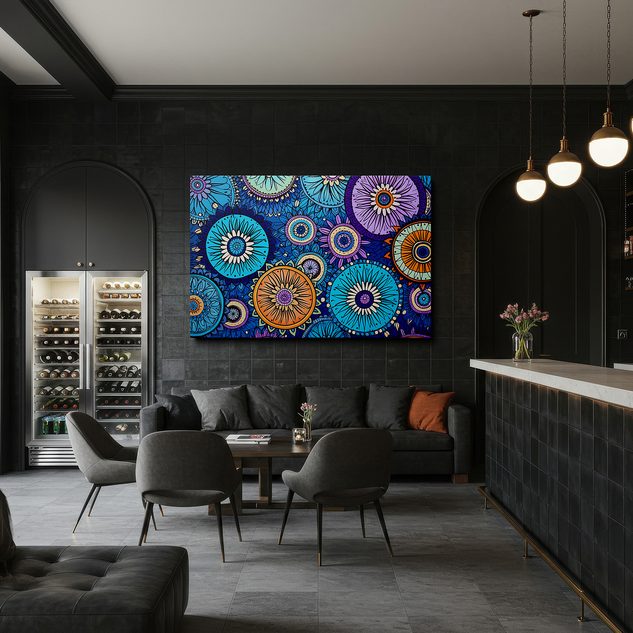 The 75×50 cm version anchors medium rooms without dominating them — wall decor: vibrant circular designs blending geometric sharpness with floral grace - ideal for office, bedroom, and living spaces