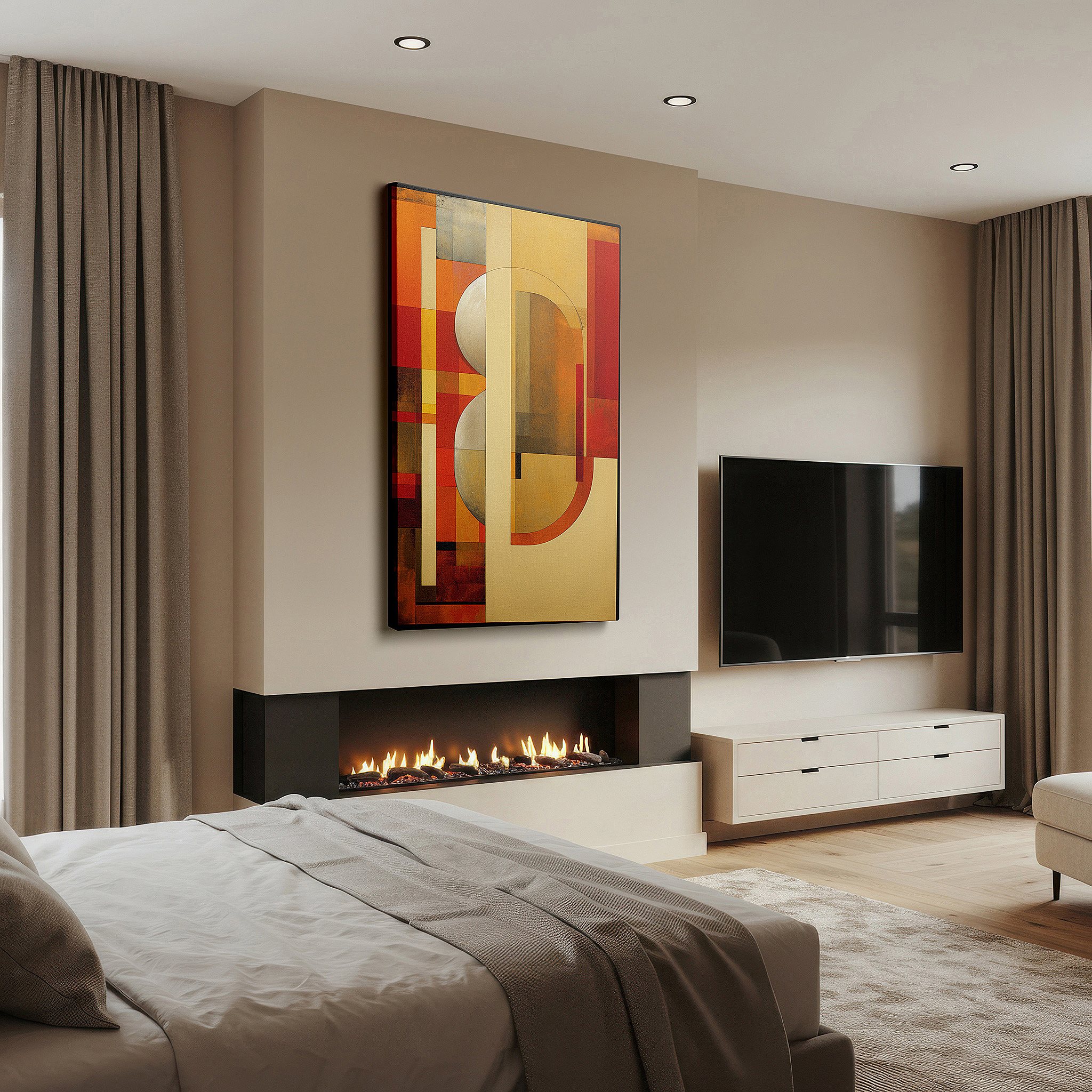 The 75×50 cm version anchors medium rooms without dominating them — warm earthy tones in geometric harmony: a soothing mix of structure and spontaneity - large canvas wall art for office decor
