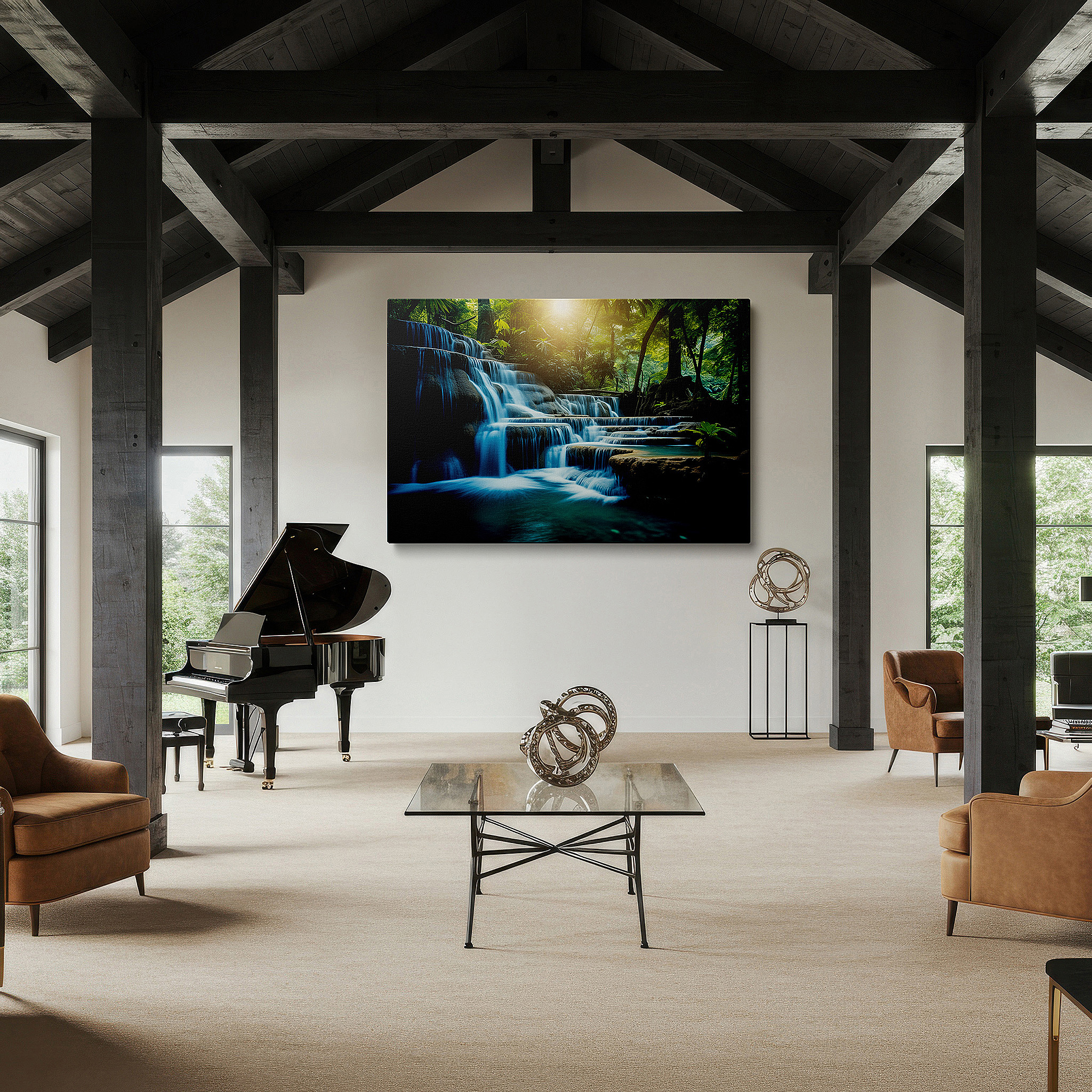 The 75×50 cm version anchors medium rooms without dominating them — waterfall and jungle scene large wall art, tranquil sanctuary canvas decor for any room, office, or bedroom