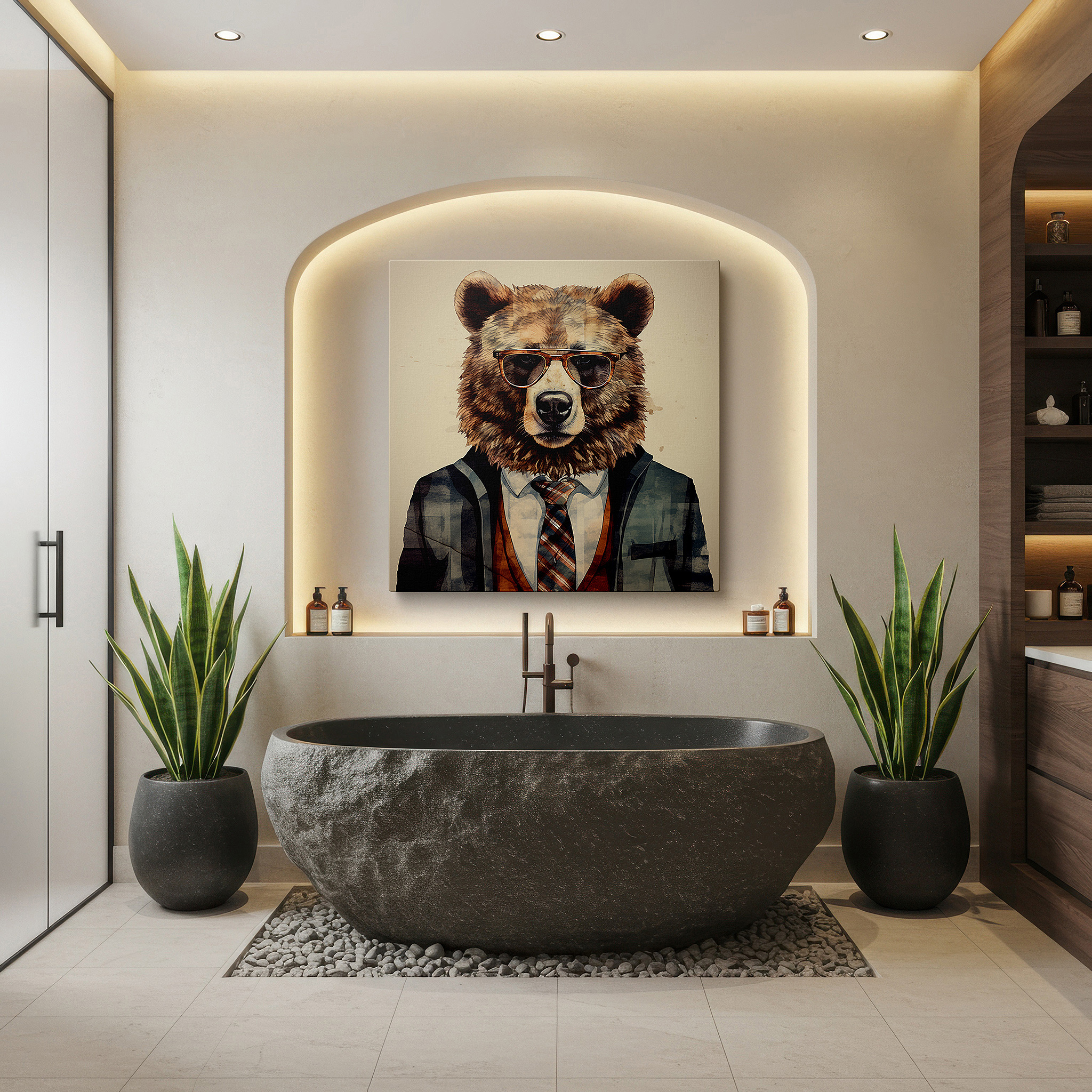The 75×50 cm version anchors medium rooms without dominating them — whimsical sophistication: chic bear in suit and glasses - large canvas wall art for office, bedroom, and living room decor