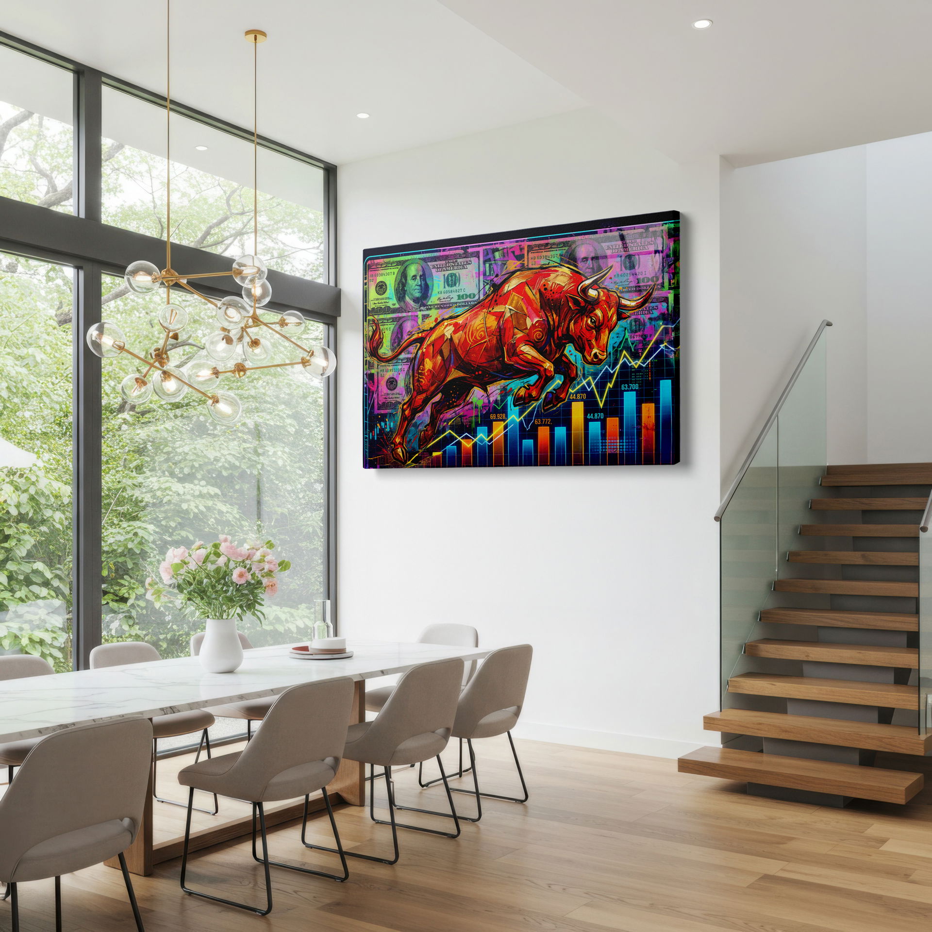 Abstract bull design overlaid on currency and graphs, forming captivating office wall art on Wrapped Canvas
