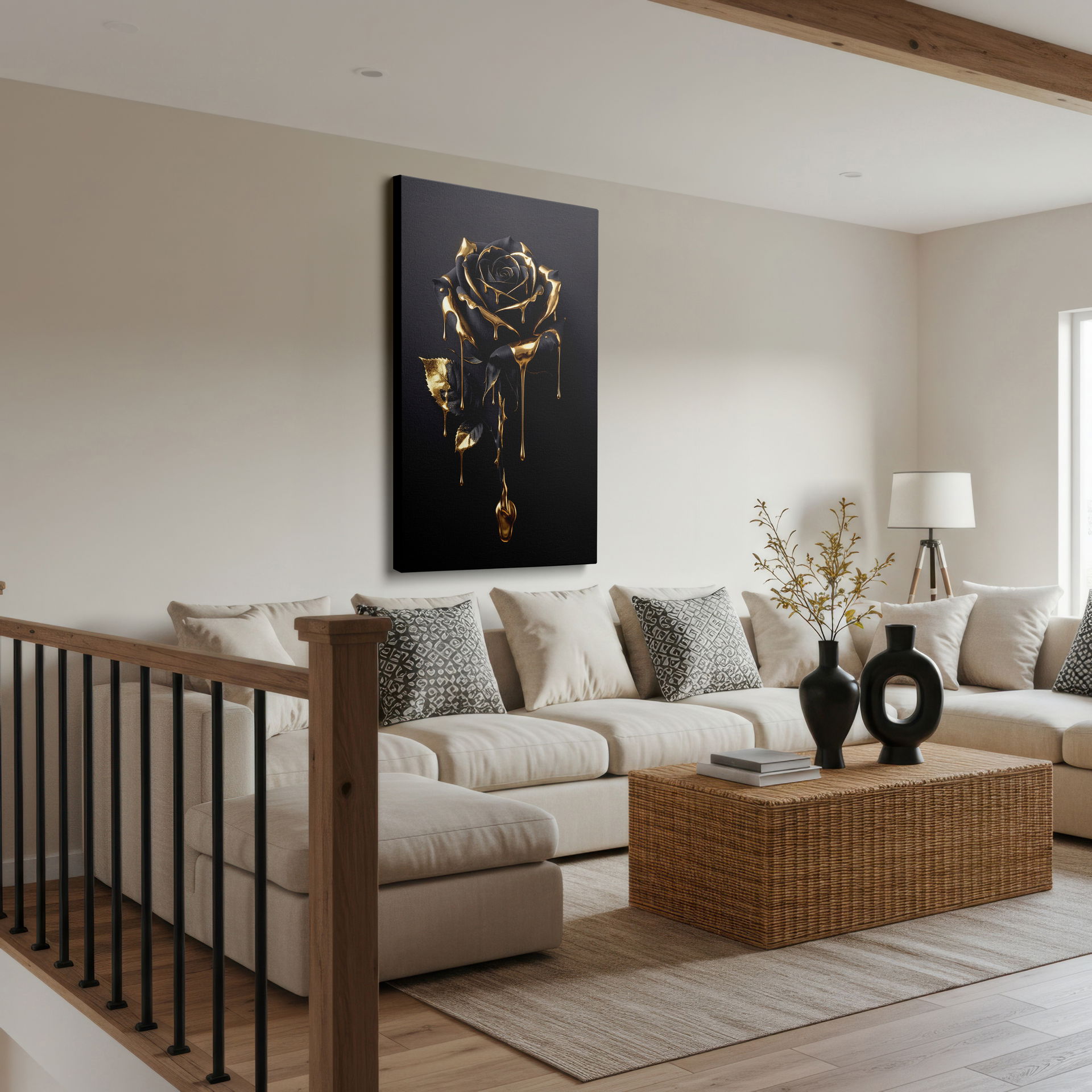 Contemporary black rose canvas wall art with detailed gold accents and a rich, durable Wrapped Canvas material