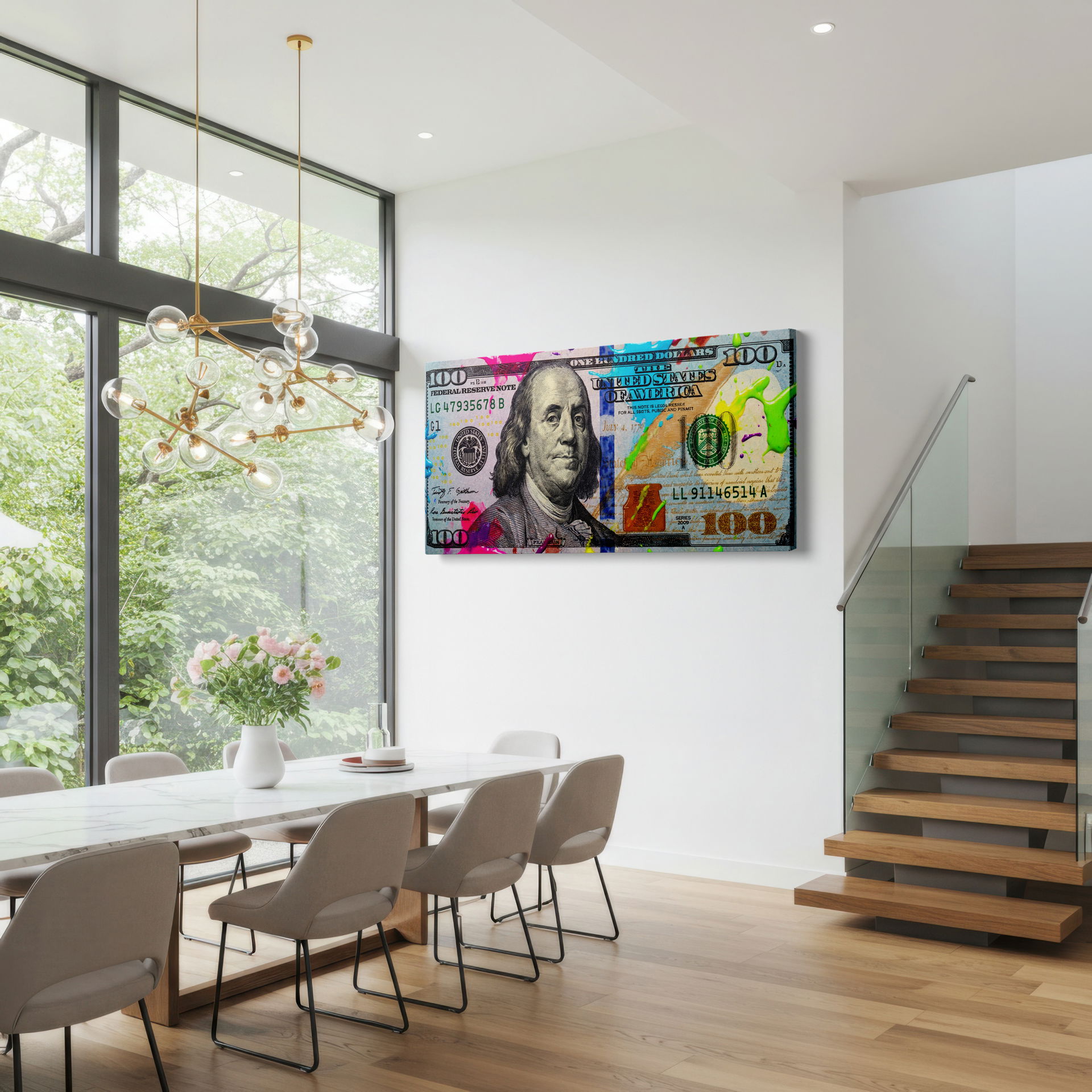 High-quality print of a colorful pop art hundred dollar bill on Wrapped Canvas to elevate any modern wall art space