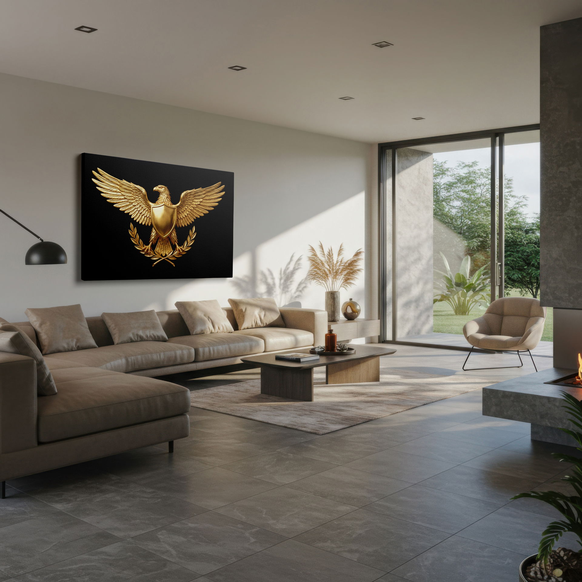 Striking visual of the finely detailed golden eagle crest wall art against the deep black backdrop for wall decor.