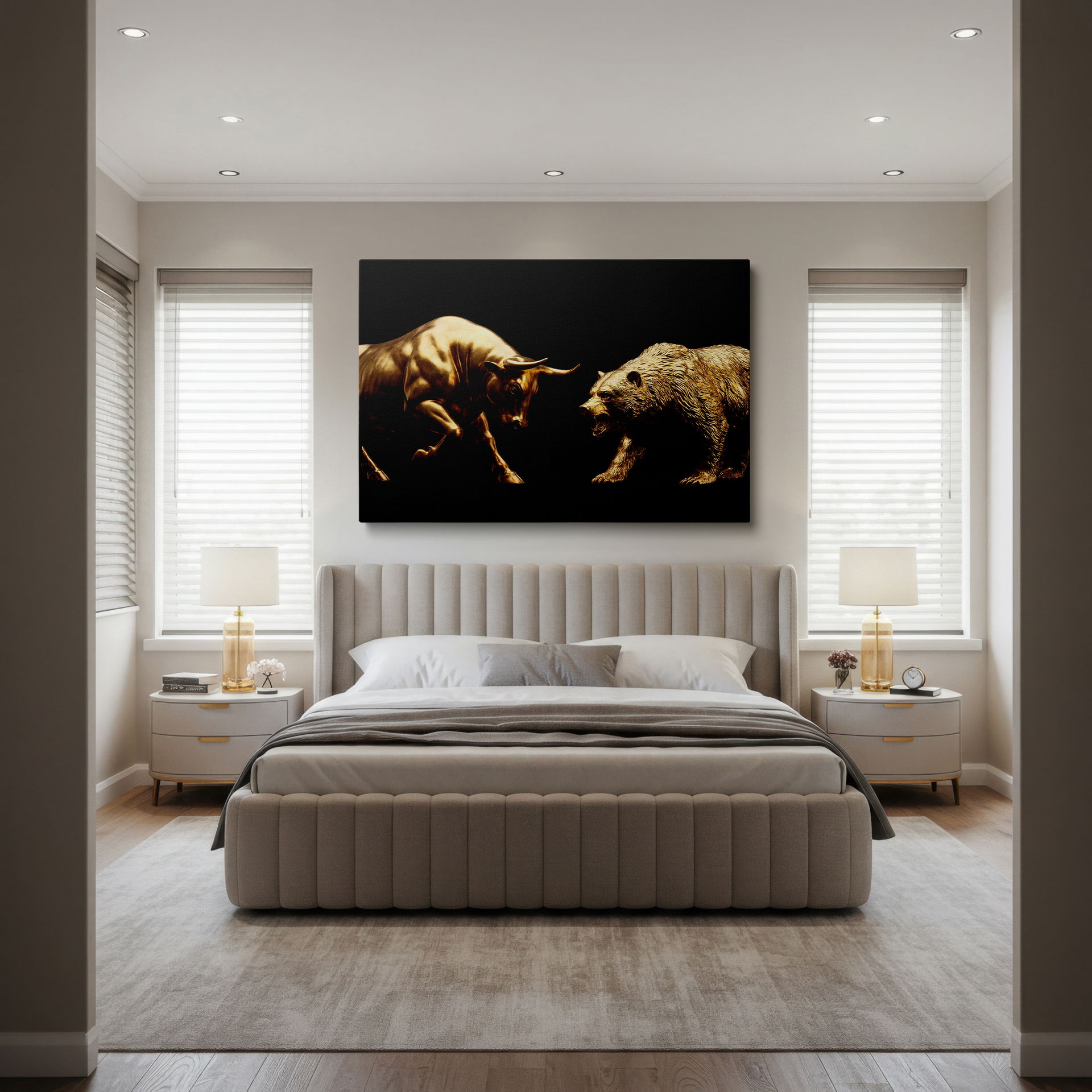 The majestic golden bear showcased on this Wrapped Canvas wall art, symbolizing market forces and determination.