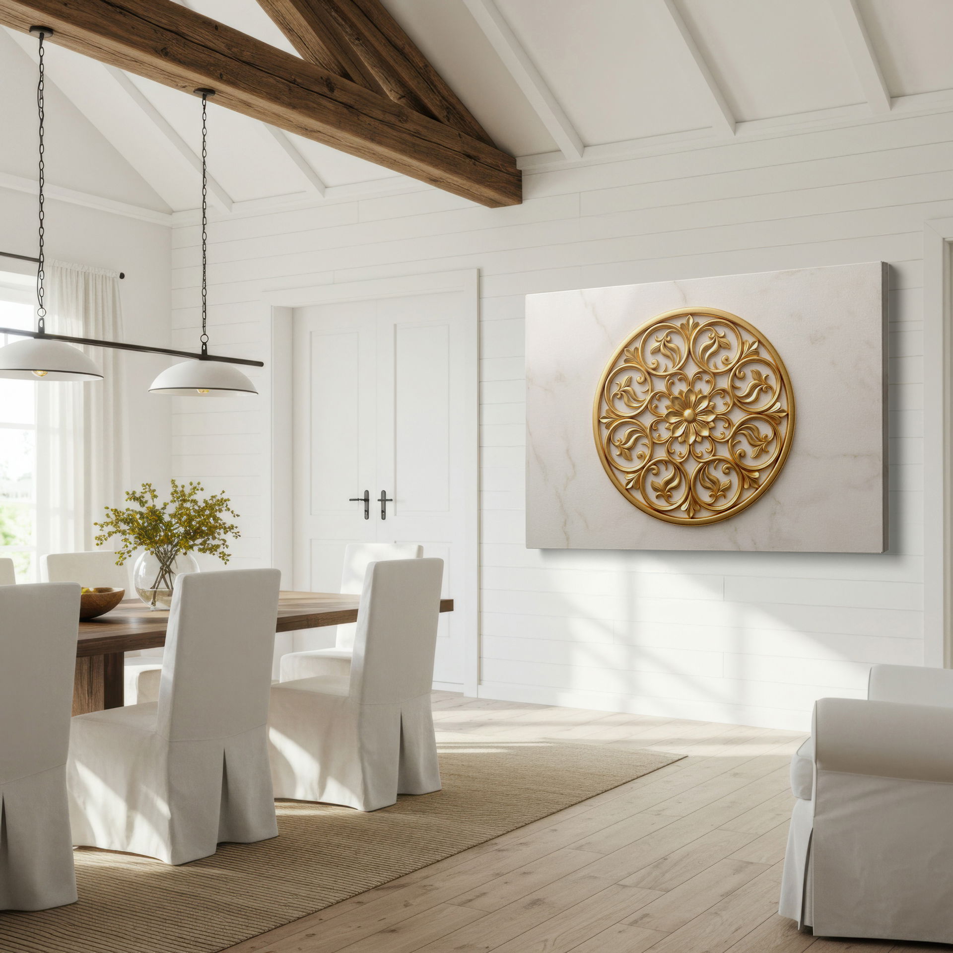 Detailed image showing the textured canvas and swirling leaves of the elegant golden floral wall art on Wrapped Canvas