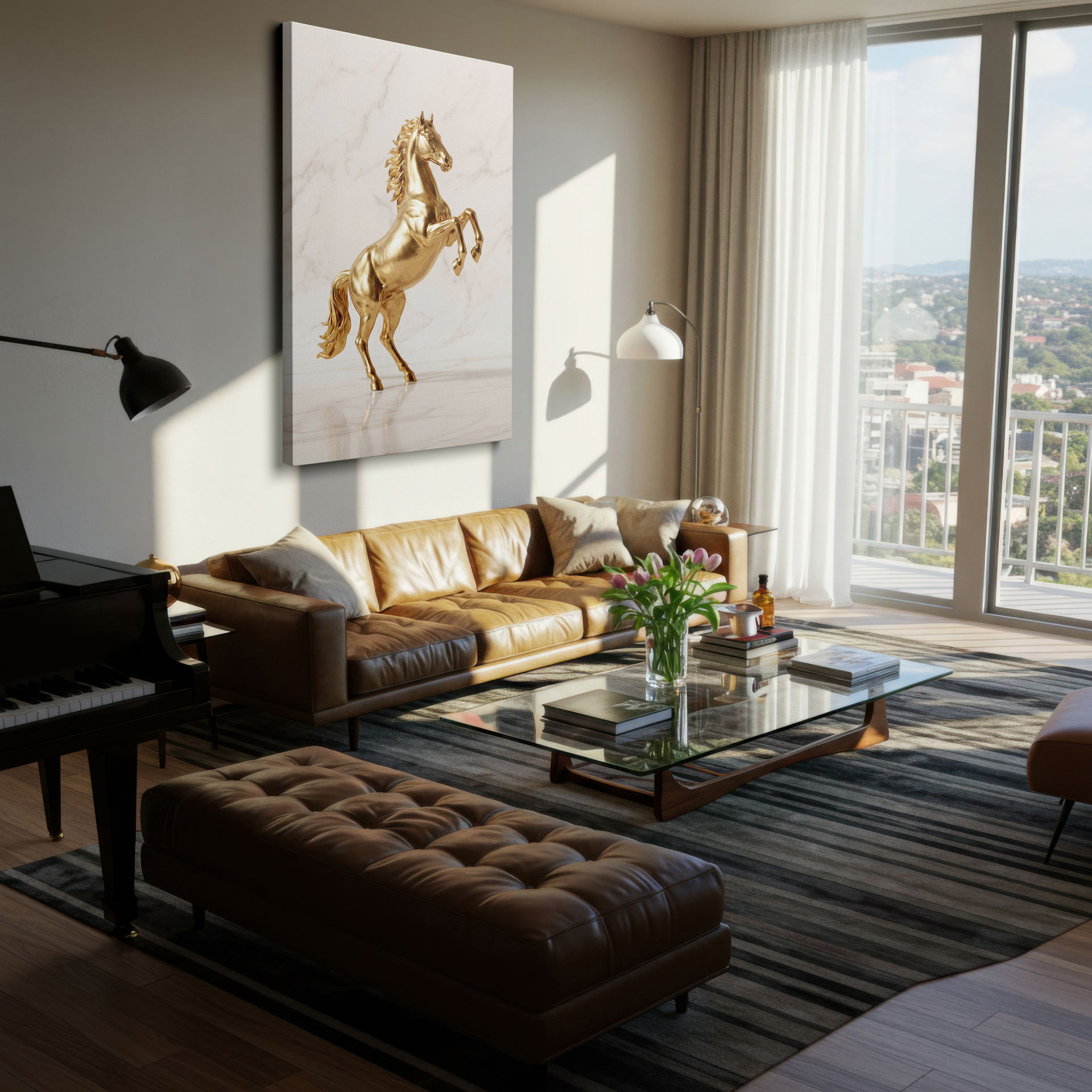 Detailed Wrapped Canvas wall art showcasing the majestic beauty and intricate musculature of a golden horse sculpture