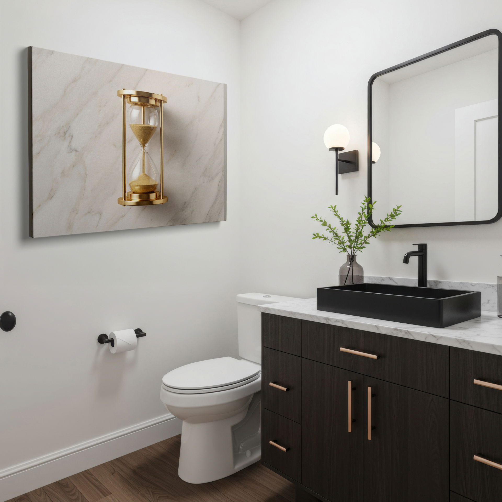 Detailed view of the glass chambers filled with golden sand in the hourglass canvas wall art, symbolizing time and rendered on Wrapped Canvas.