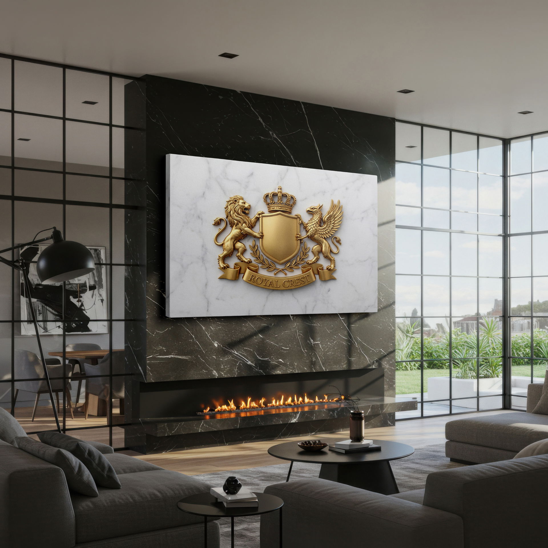 Detail shot of the regal shield and crown design on the golden crest Wrapped Canvas wall art, highlighting elegance.