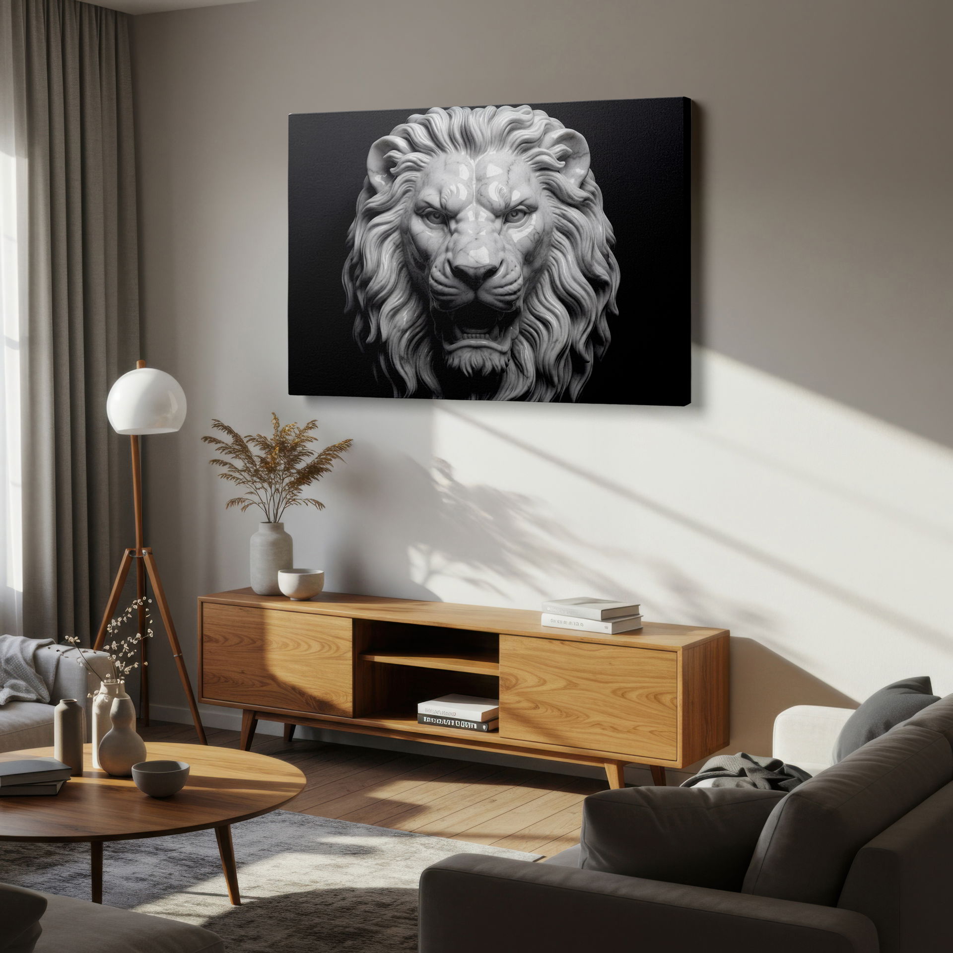 Dramatic visual representation of a powerful lion sculpture in marble, expertly printed on Wrapped Canvas wall art