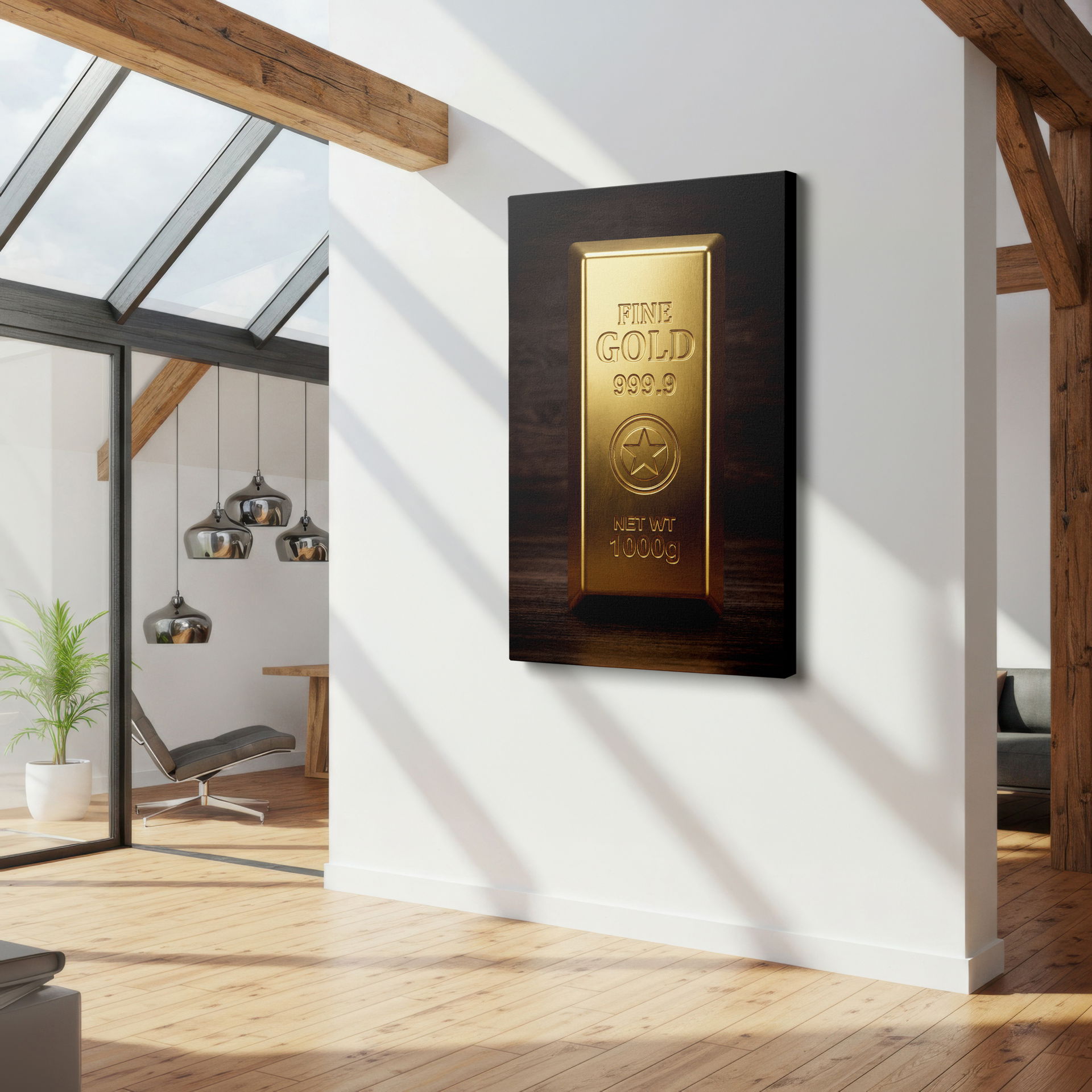 Detailed image of the gold bar and star emblem on the canvas wall art, highlighting exclusivity on a Wrapped Canvas
