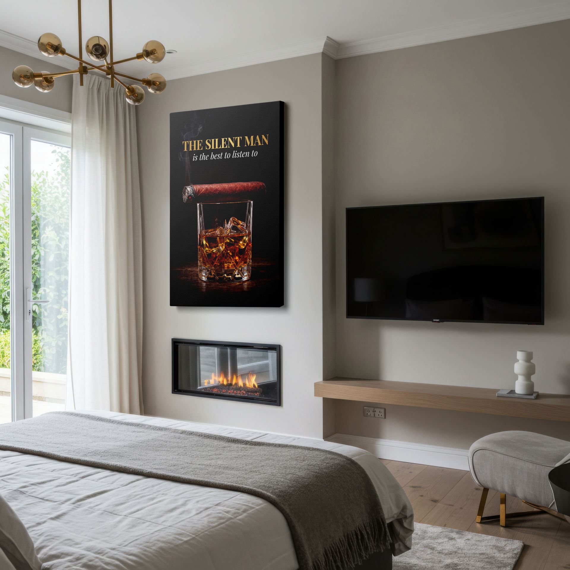 Close-up visual of the gold lettering and whiskey glass detail in the contemplated wall art and wall decor