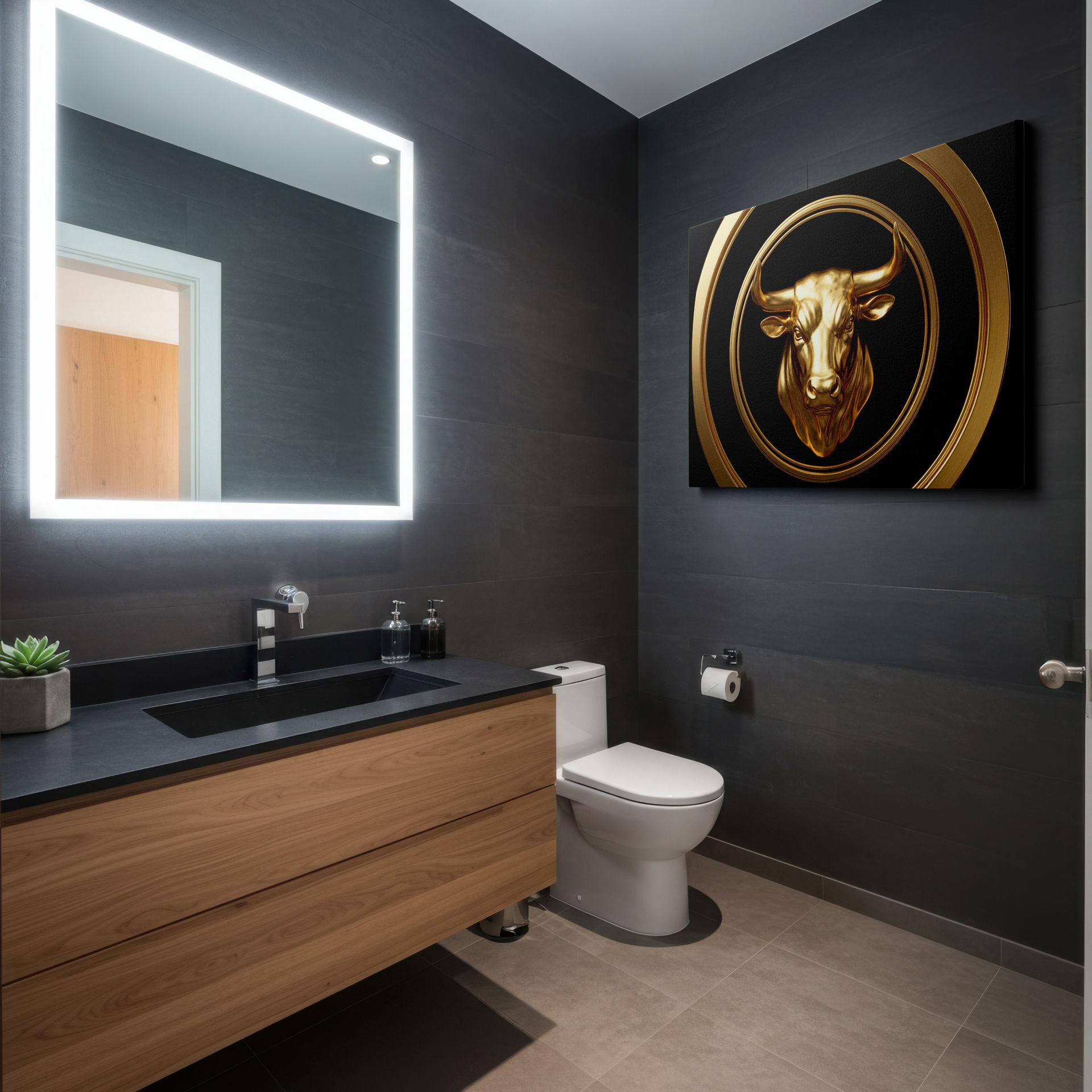 High-quality Wrapped Canvas wall art showcasing a gold bull's head against a black background, an investment in timeless beauty.