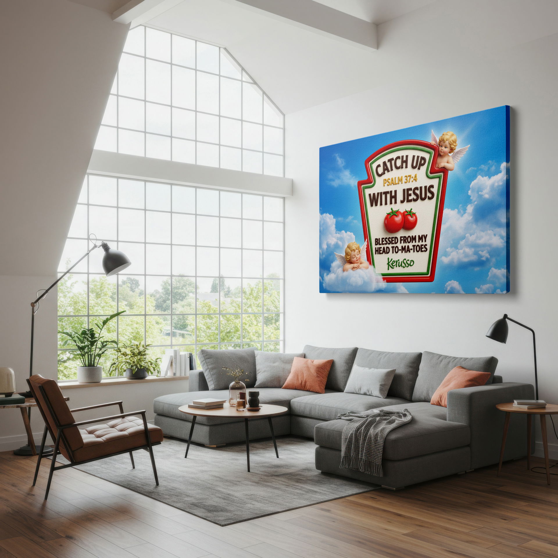 Close-up of the Catch Up With Jesus phrase and Psalm 37:4 on the colorful canvas wall art, a Wrapped Canvas