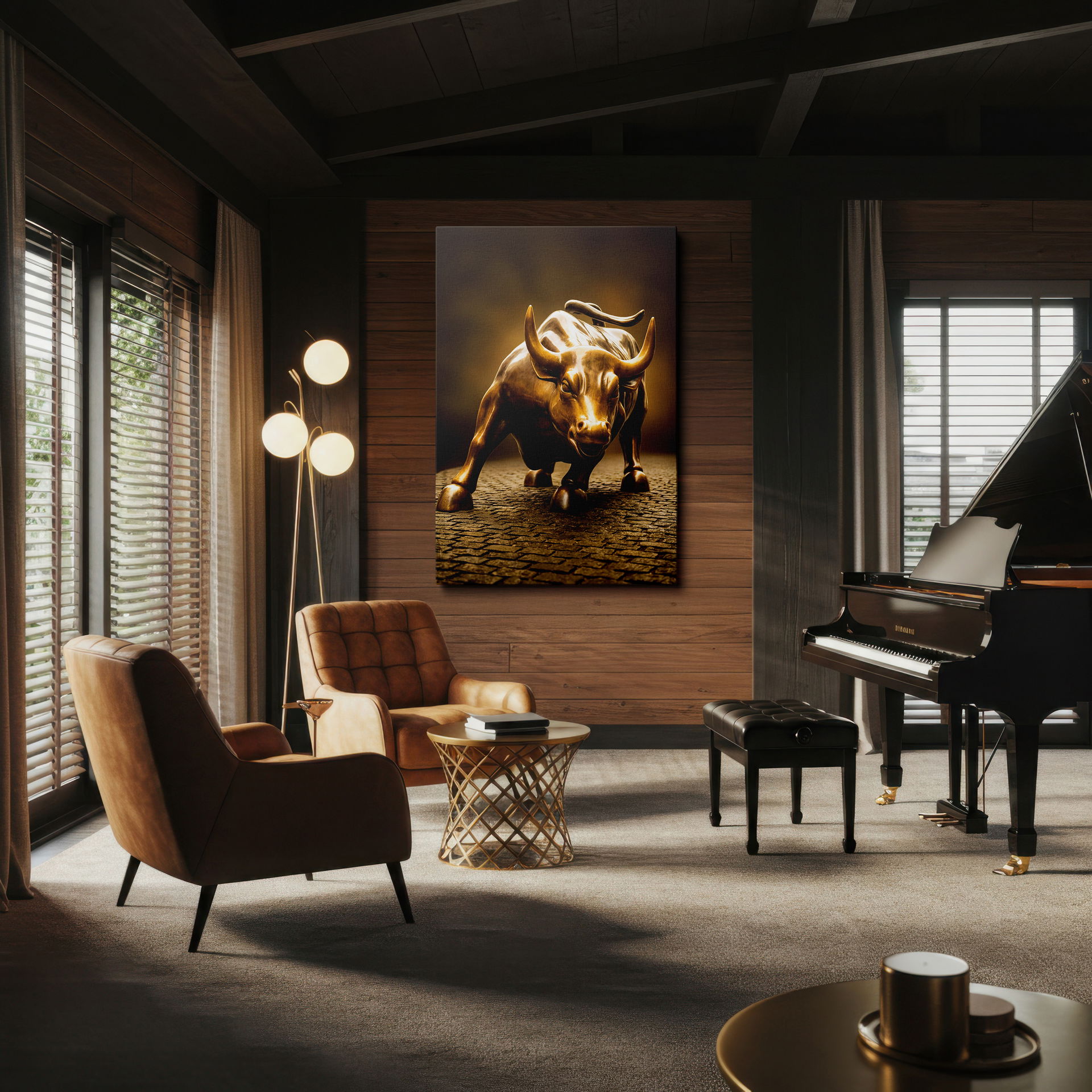 High-quality gallery-worthy Wrapped Canvas wall art featuring the famous bronze bull, a statement of strength and success.