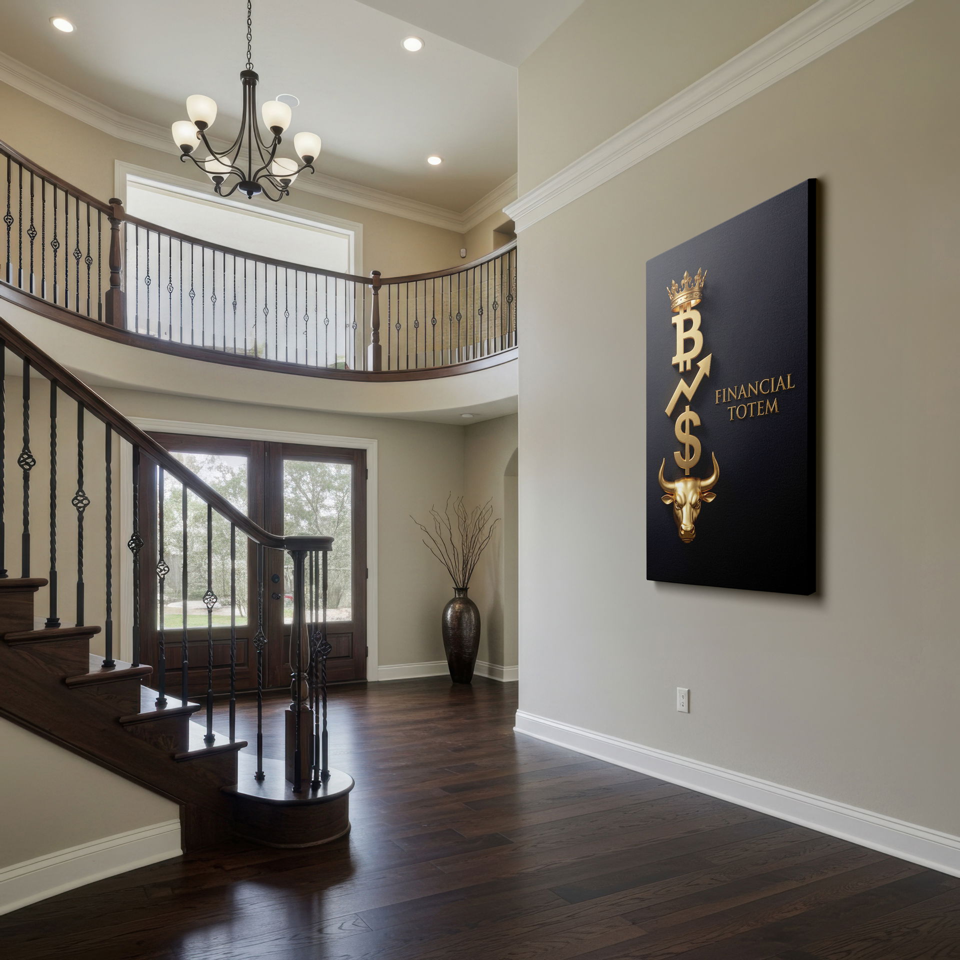 Regal elegance displayed in a Bitcoin crown over a bull's head financial wall art on Wrapped Canvas.