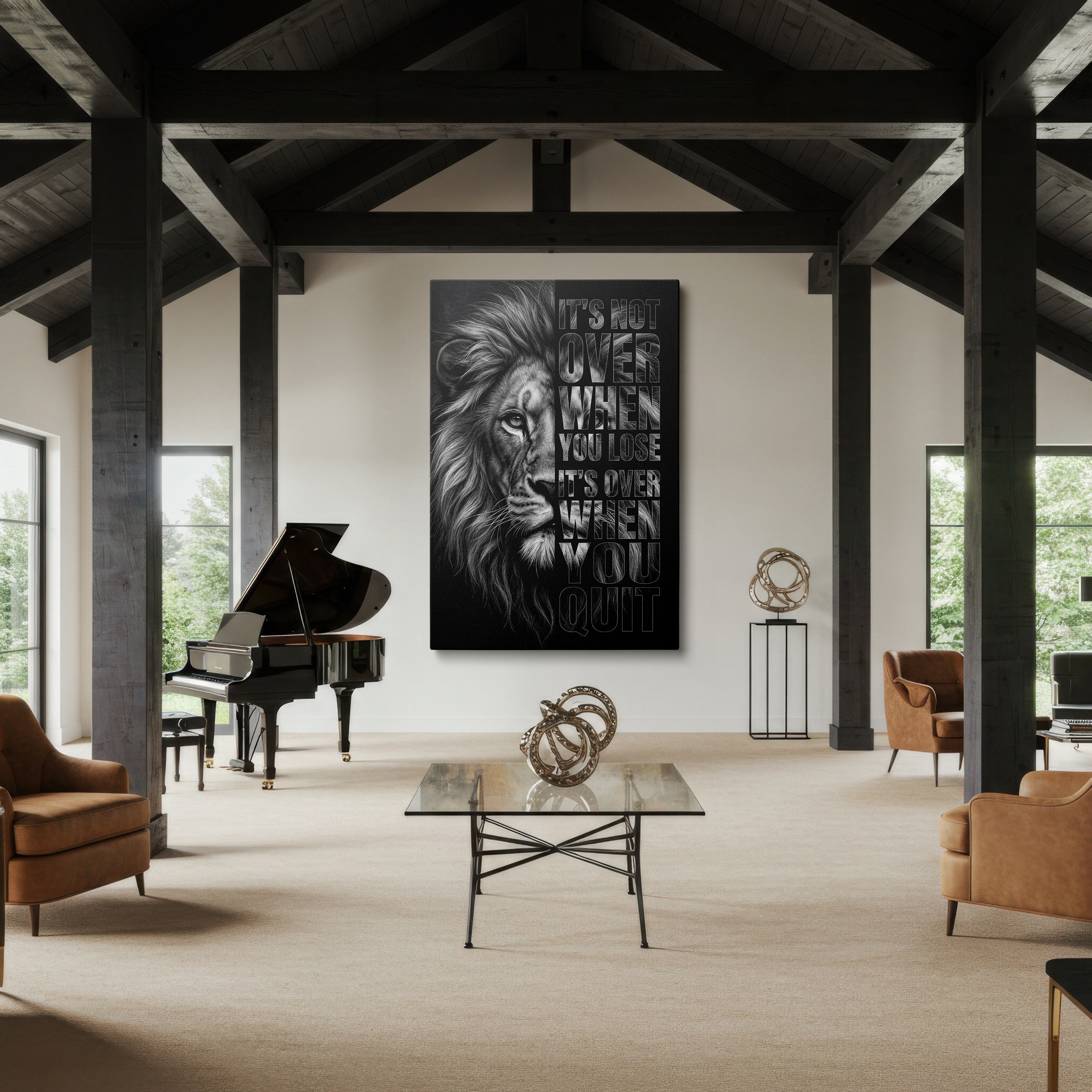 Monochromatic detailed image of the lion's face on a motivation-themed Wrapped Canvas wall art piece.