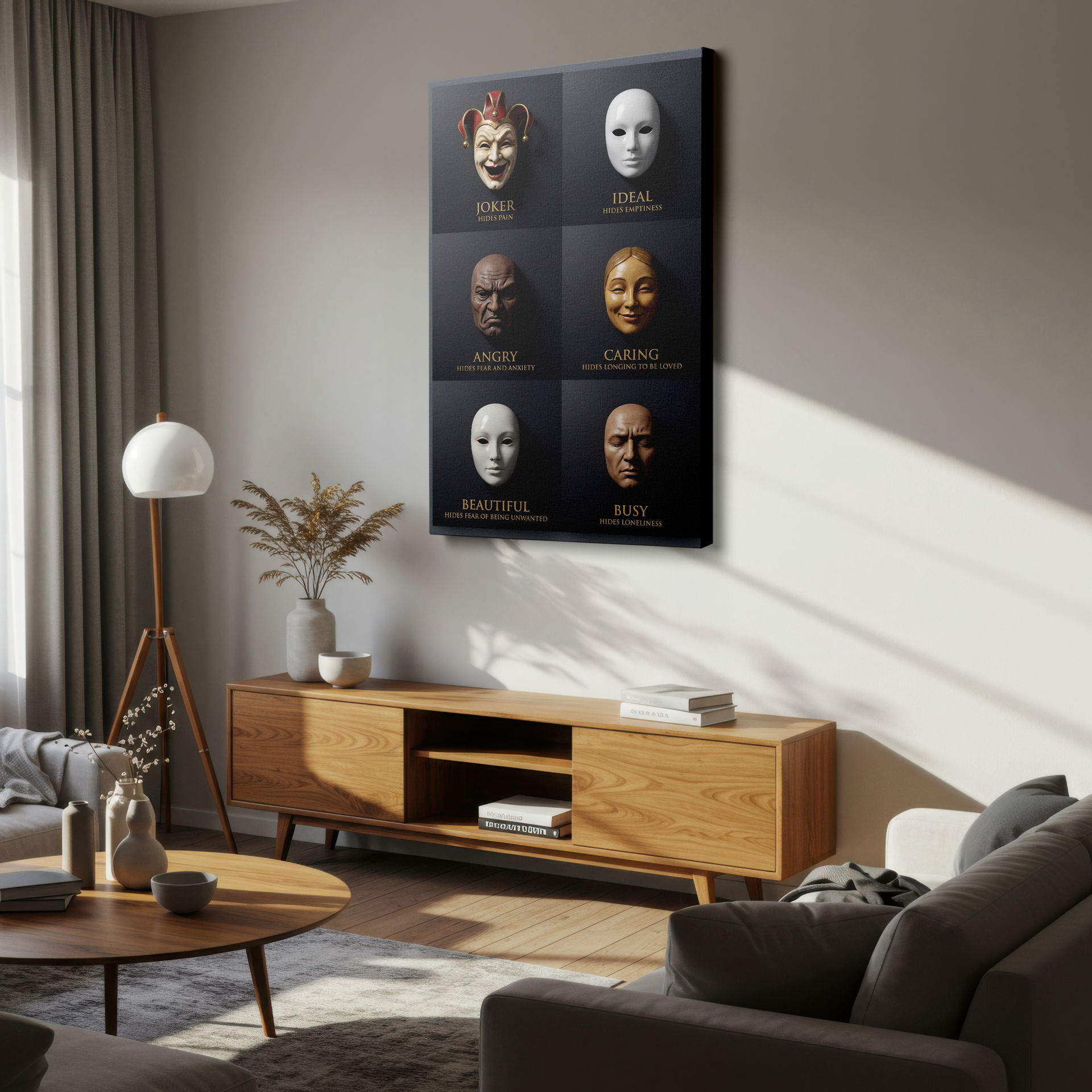 Perspective shot showcasing the Angry and Caring masks in this thought-provoking emotional wall art, printed on Wrapped Canvas.