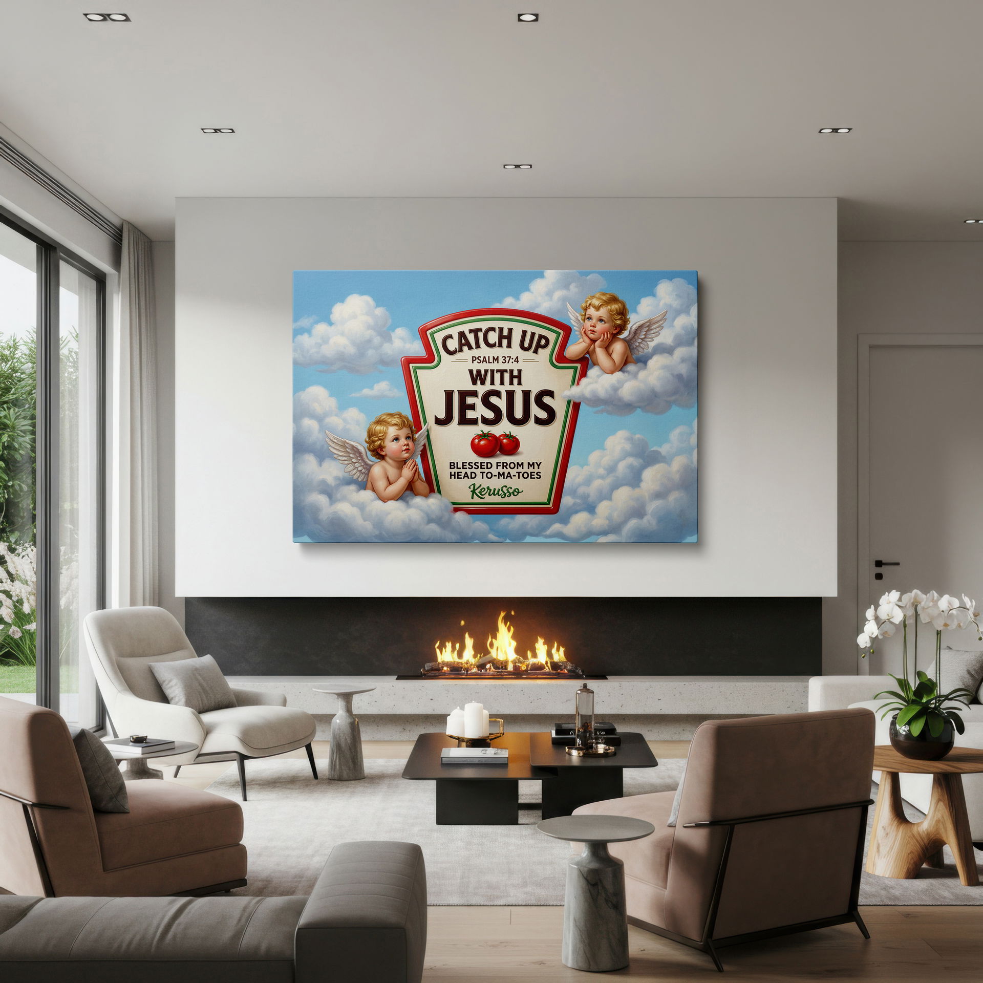 Close-up of the playful religious wall art design, highlighting the angels and fluffy clouds as spiritual wall decor.