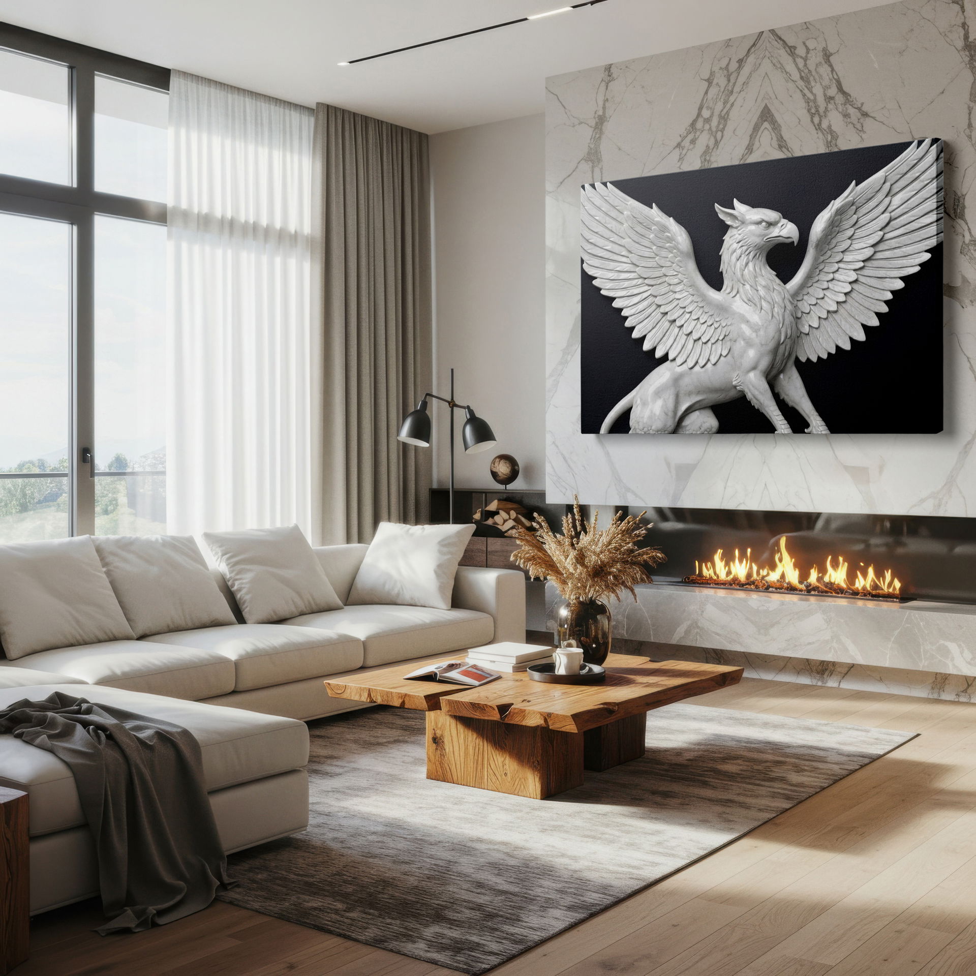 Griffin symbolizing strength and vigilance, an elegant fantasy art piece for office wall decor