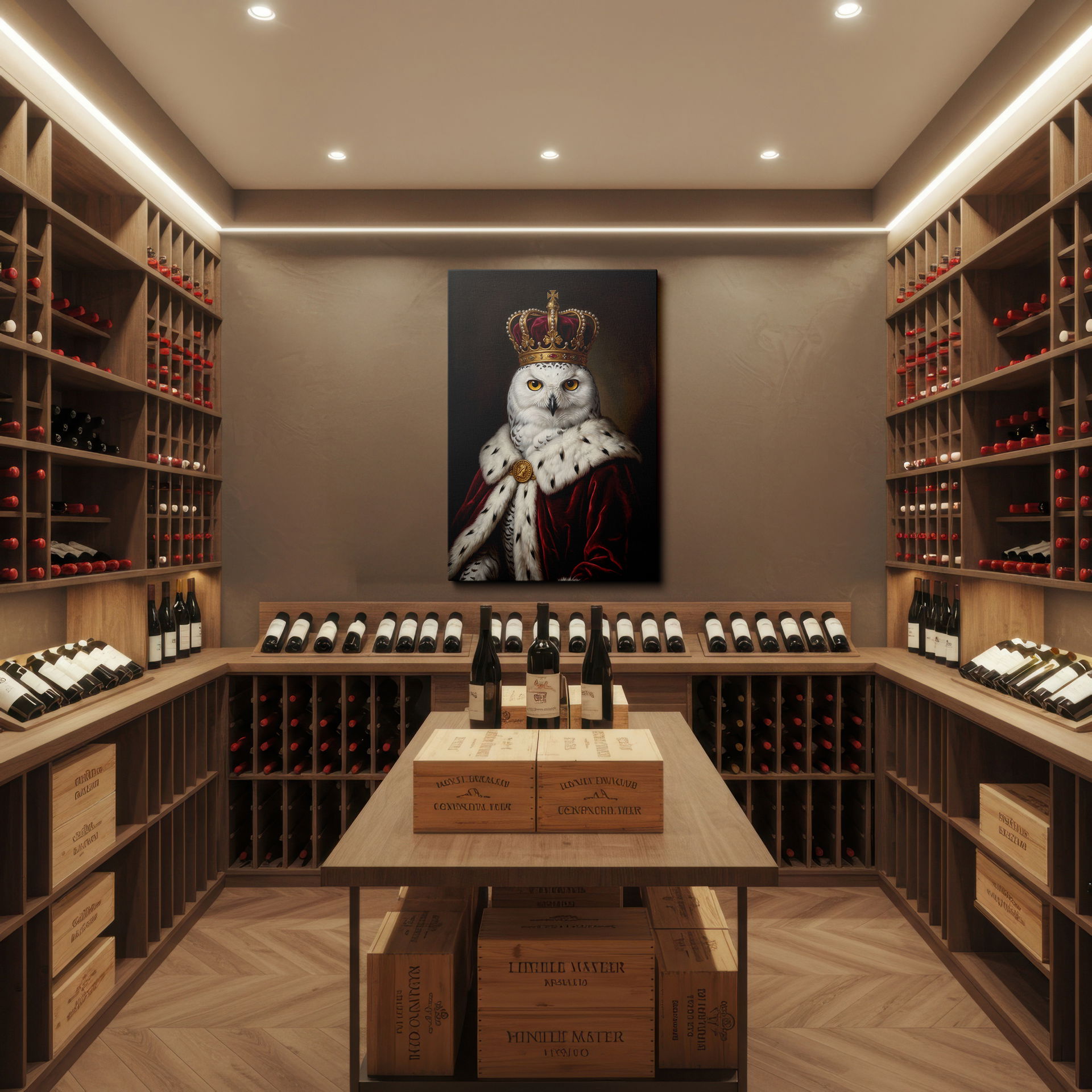 Anthropomorphic snowy owl canvas print, blending classic portraiture with artistic charm, distinctive Wrapped Canvas wall art.