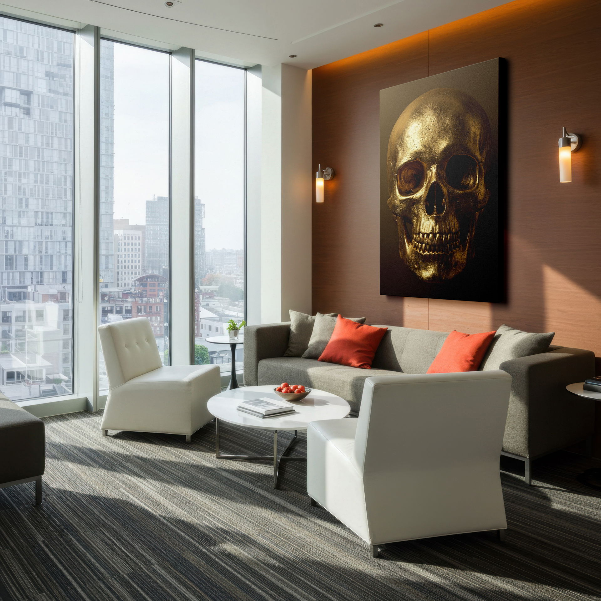Luxurious gold skull print on a sturdy wooden frame, perfect as a ready-to-hang Wrapped Canvas wall art