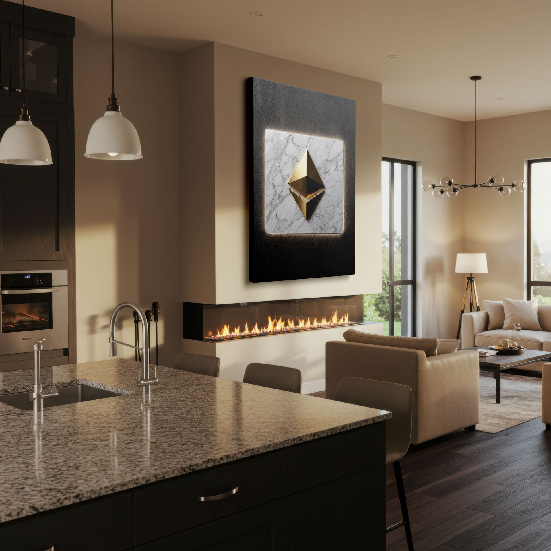 View of the minimalist wall art showing the contrast between the golden pyramid and the pristine white marble for modern home wall decor.