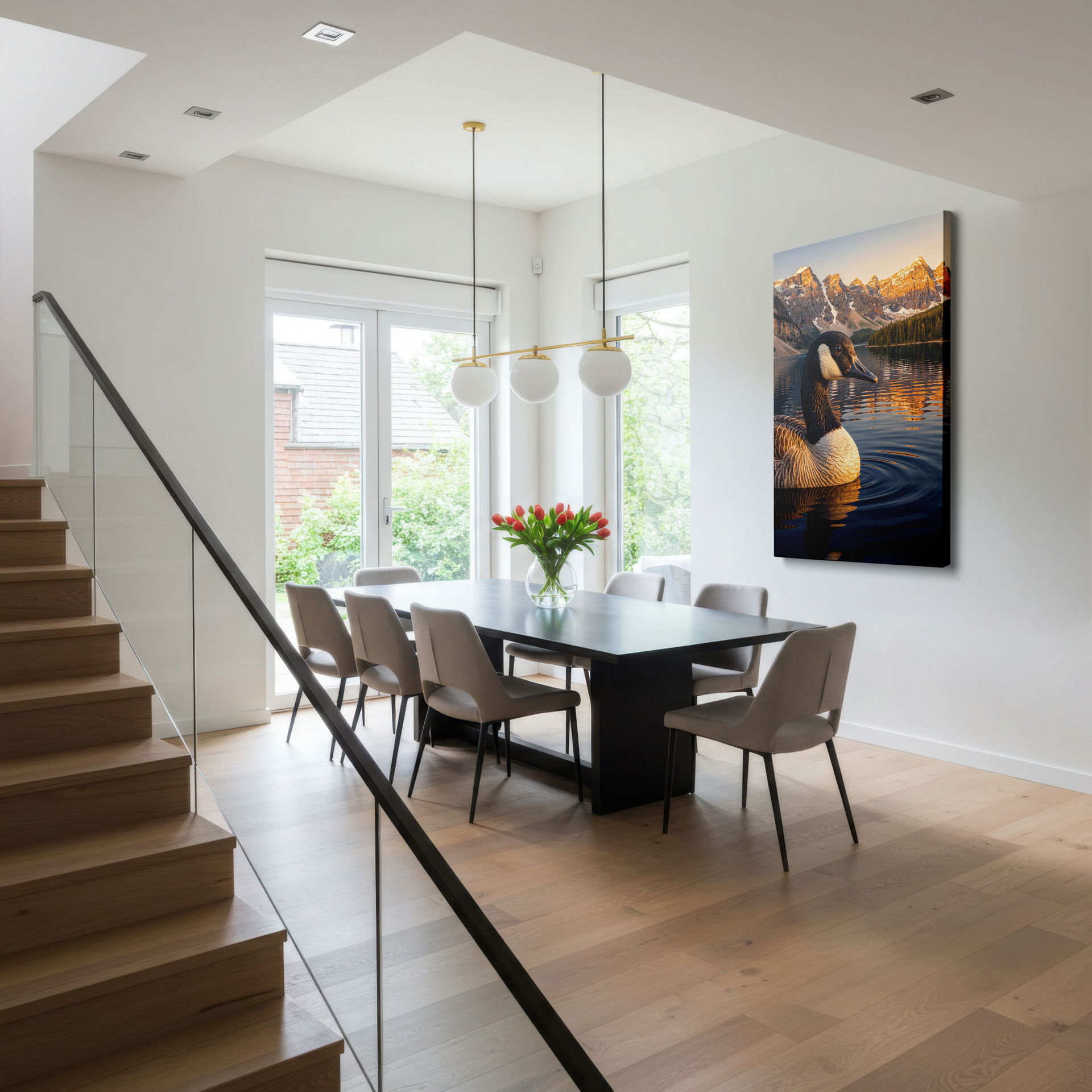Close-up of the goose on Moraine Lake showing intricate feather detail in this wildlife canvas wall art on Wrapped Canvas