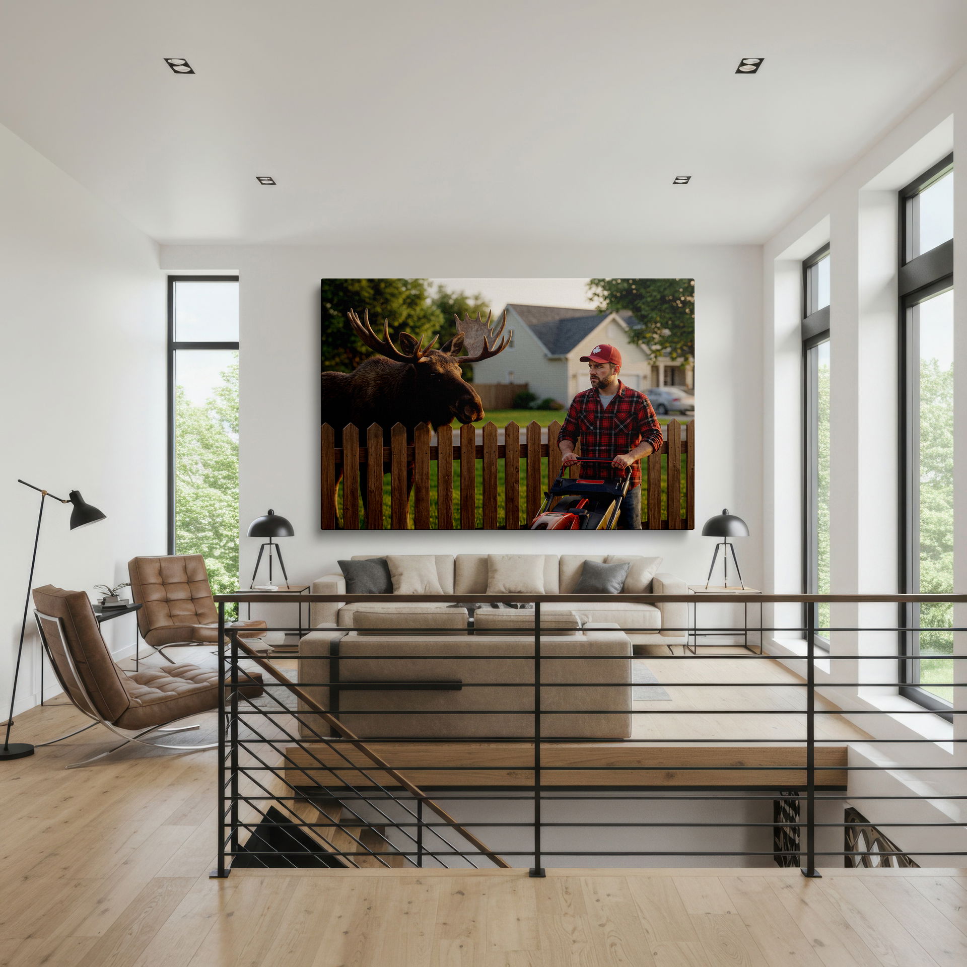 A full view of the humorous moose and man wall art, showing the size and presence of the distinctive wall decor piece.