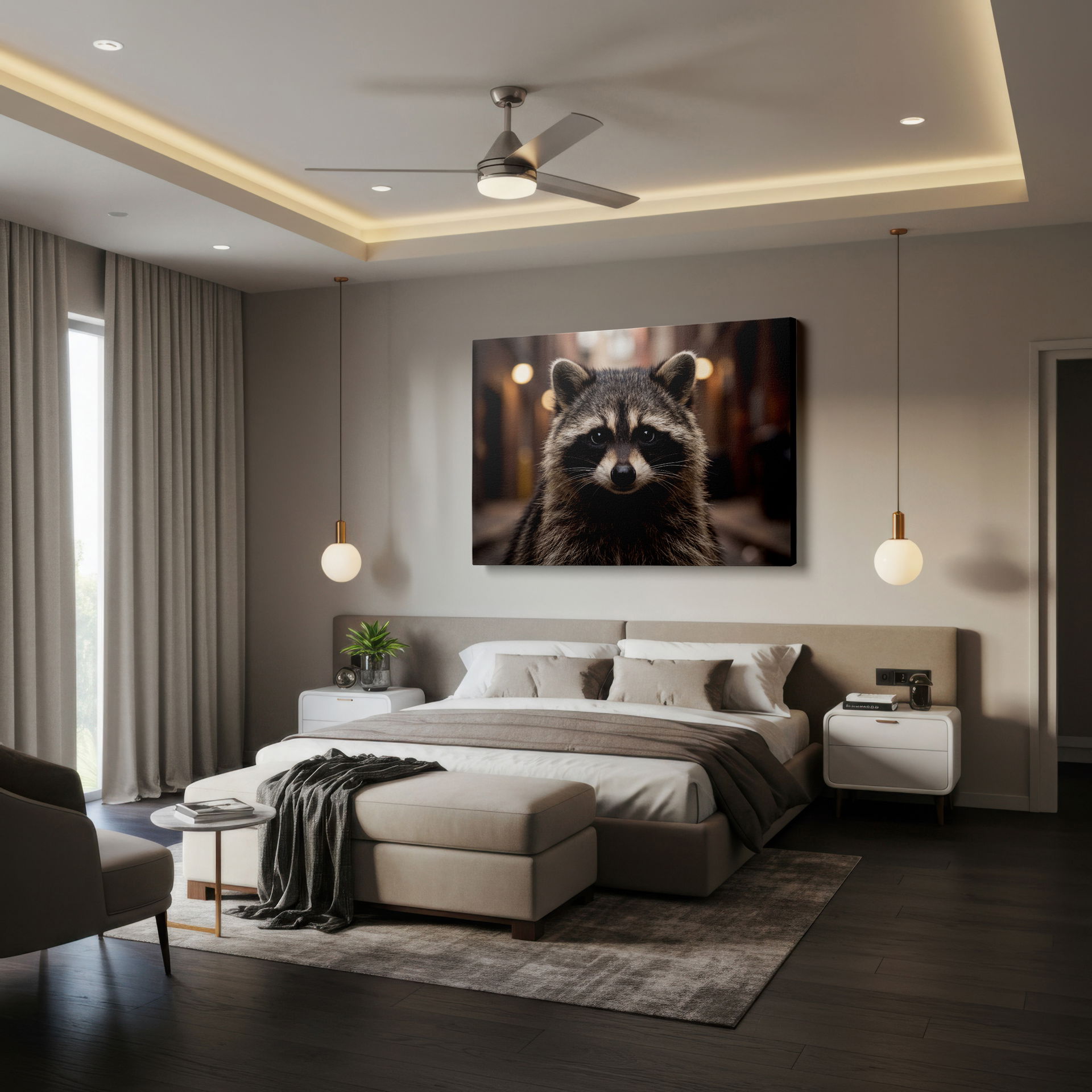 Detailed shot of the raccoon's intricate fur and facial features on this charming canvas wall art, Wrapped Canvas