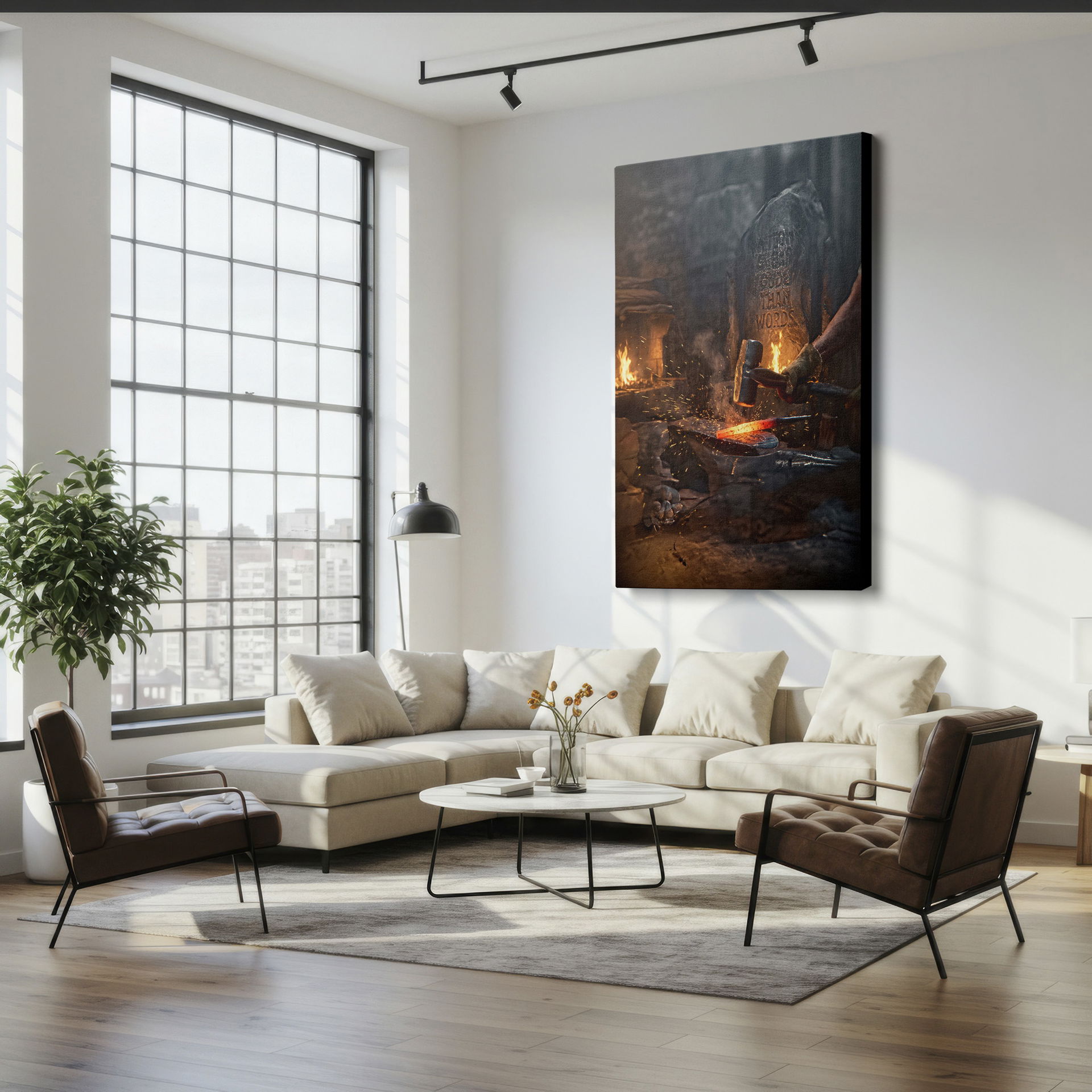 A blacksmith's focused action: hammer impacting hot metal on an anvil, illuminated by bright sparks in this industrial wall art.
