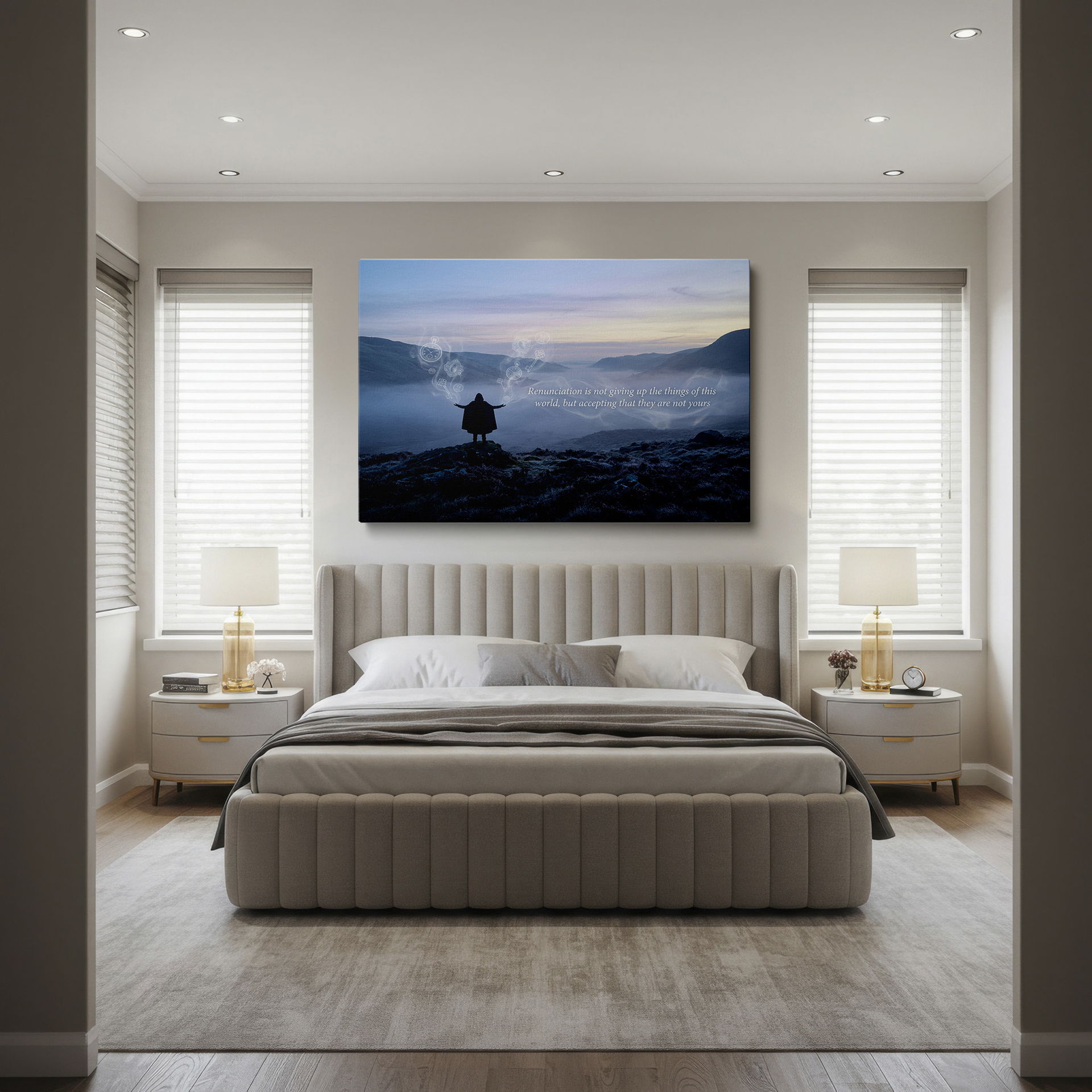 A person in a cloak faces a foggy horizon, keys and clockwork floating up. This will be a fantastic piece of wall art.