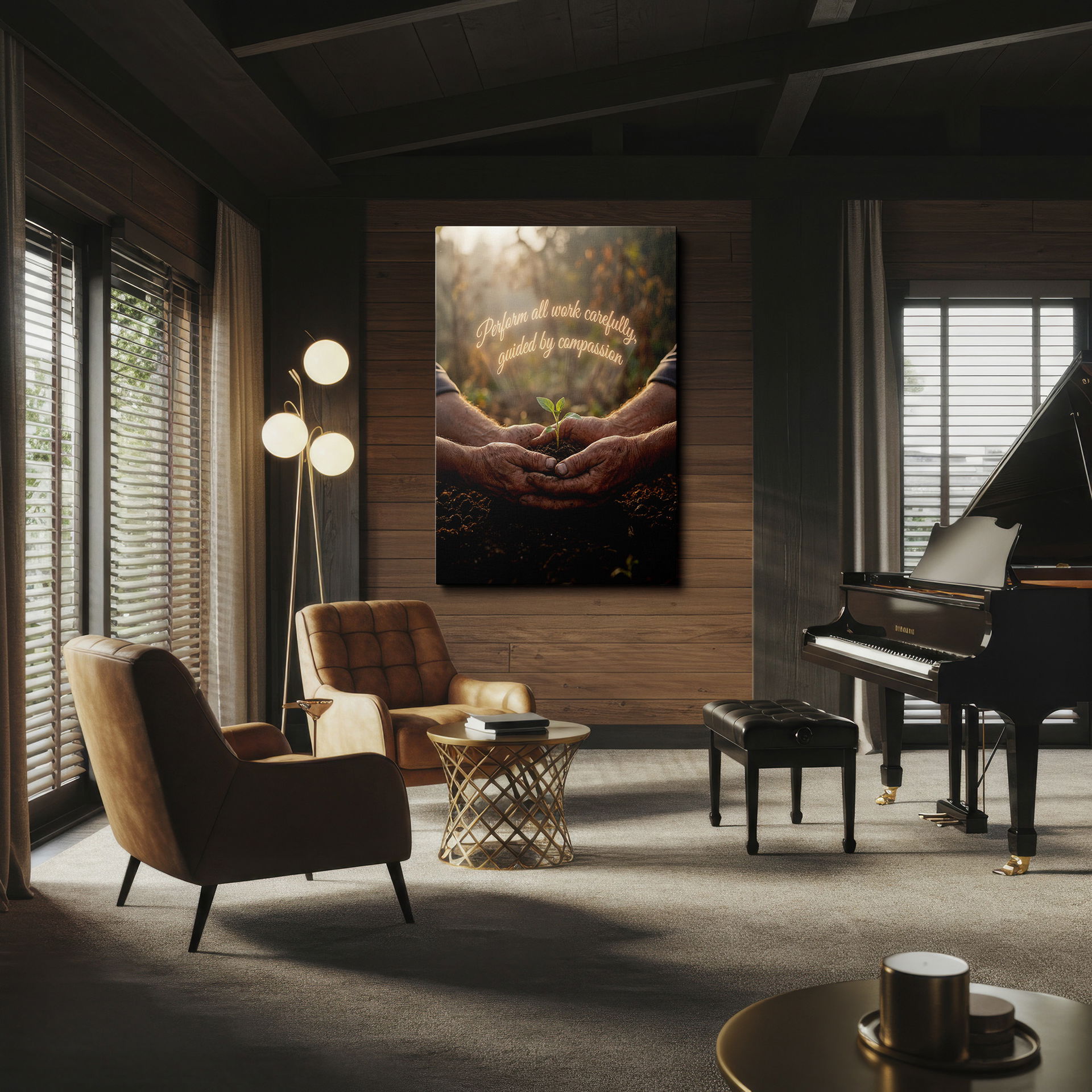 Close-up of weathered hands gently planting a seedling, embodying compassion, a serene Wrapped Canvas.