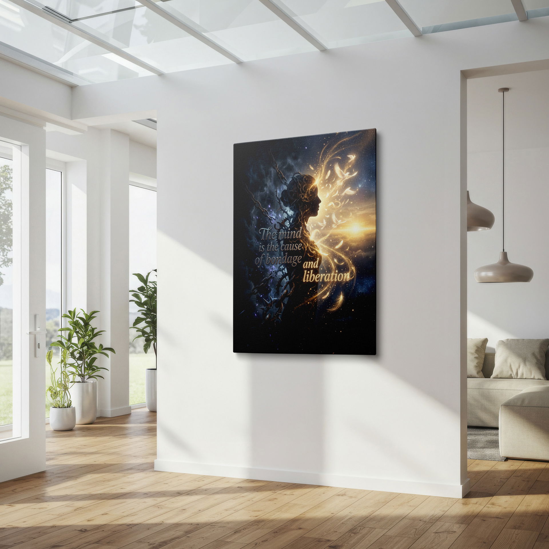 Symbolic silhouette with chains & light, profound quote. 'The mind is the cause of bondage and liberation' on Wrapped Canvas.