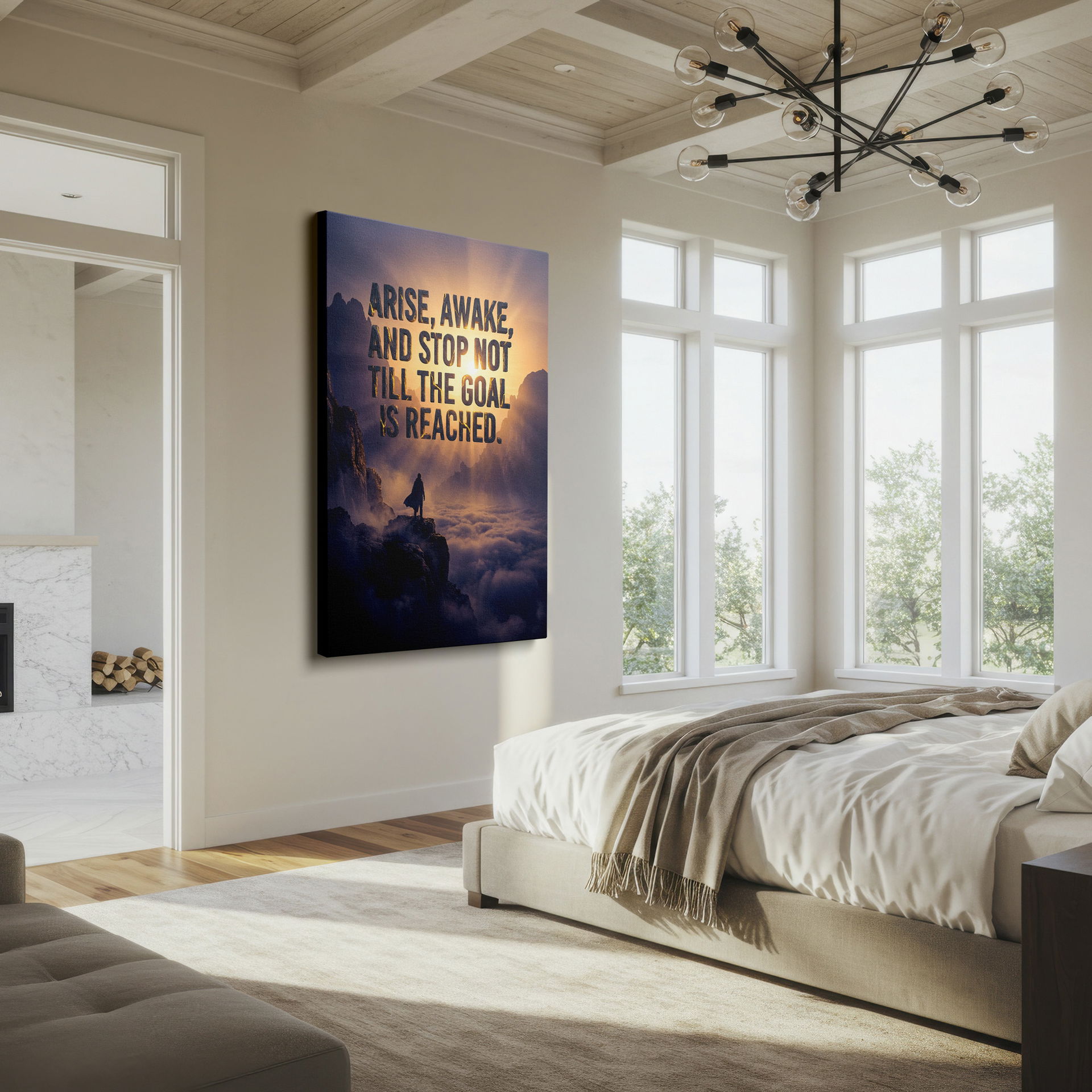 A Wrapped Canvas showcasing a mountain scene with a figure and the inspirational words 'Arise, Awake,' great wall art.