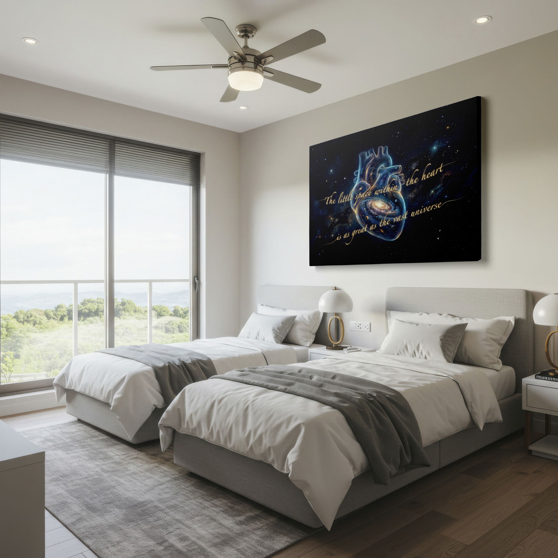 Intricate wall art showcasing a human heart intertwined with the beauty of a distant galaxy.