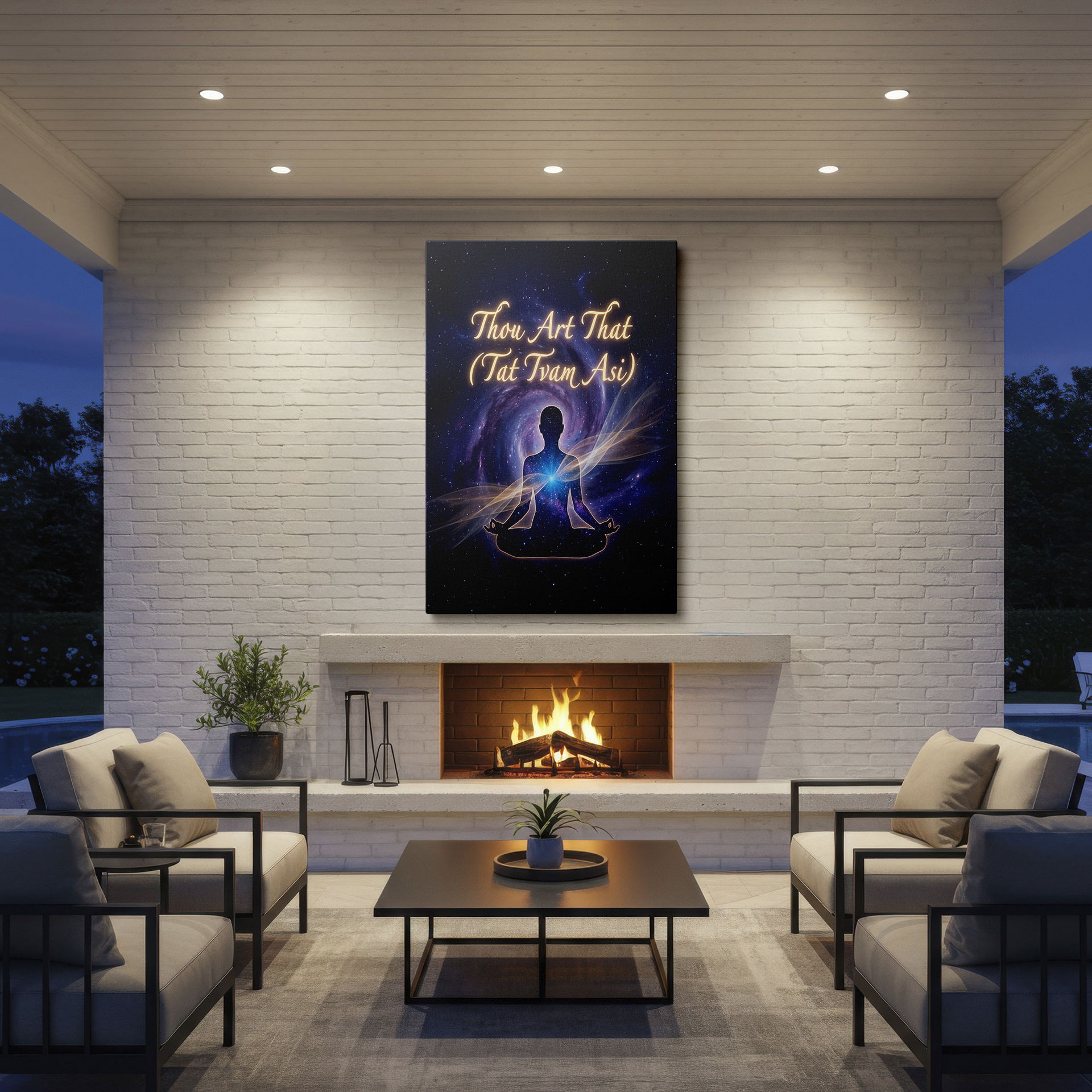 Cosmic canvas wall art showcasing a silhouetted figure in meditation, symbolizing spiritual unity.