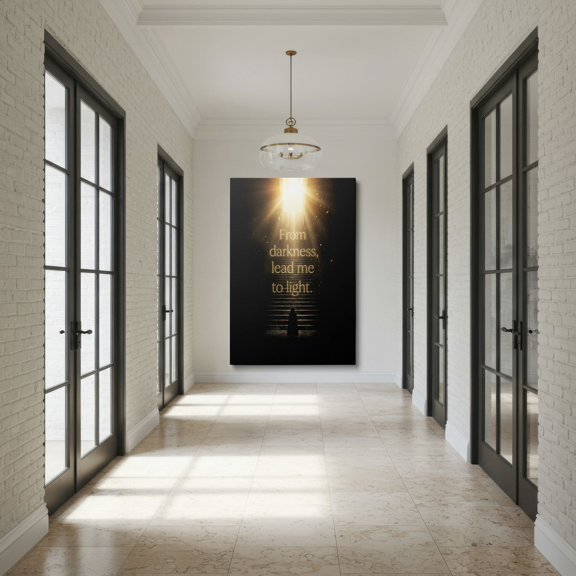 Inspirational wall decor featuring a figure on stairs heading to light. 'From Darkness, Lead Me To Light.'
