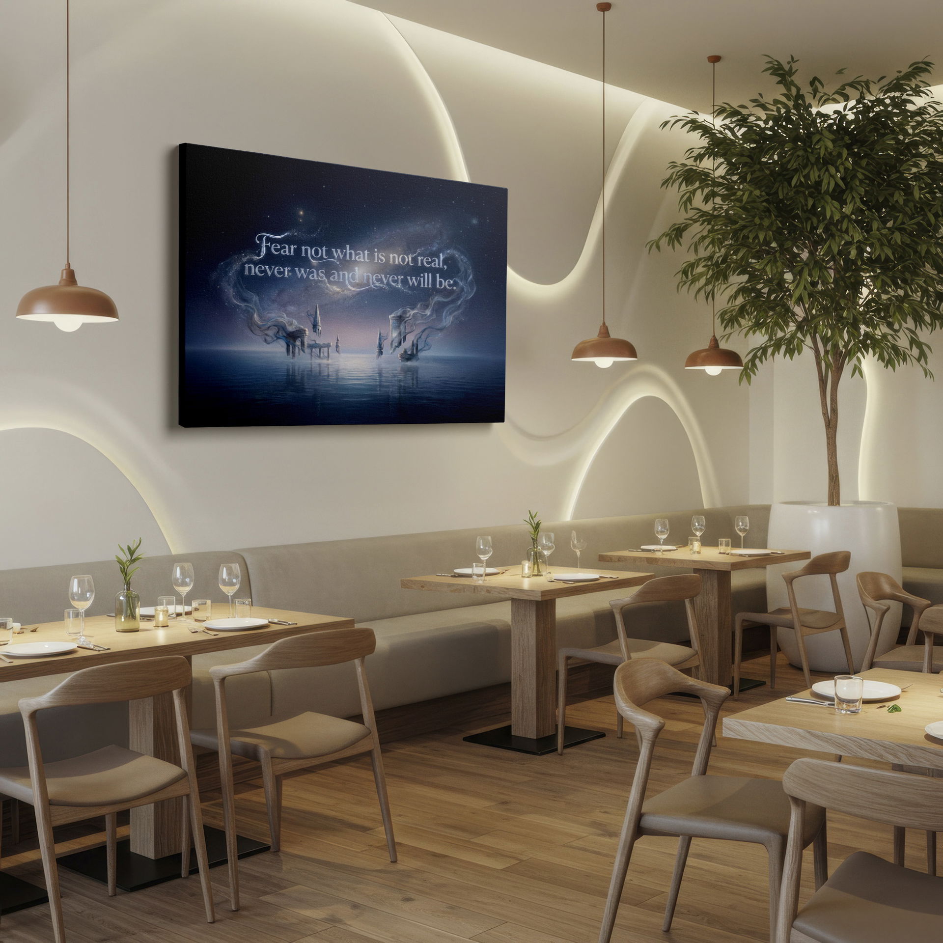 Dreamscape wall art featuring fantasy architecture and an inspirational quote under a starry sky on a Wrapped Canvas.