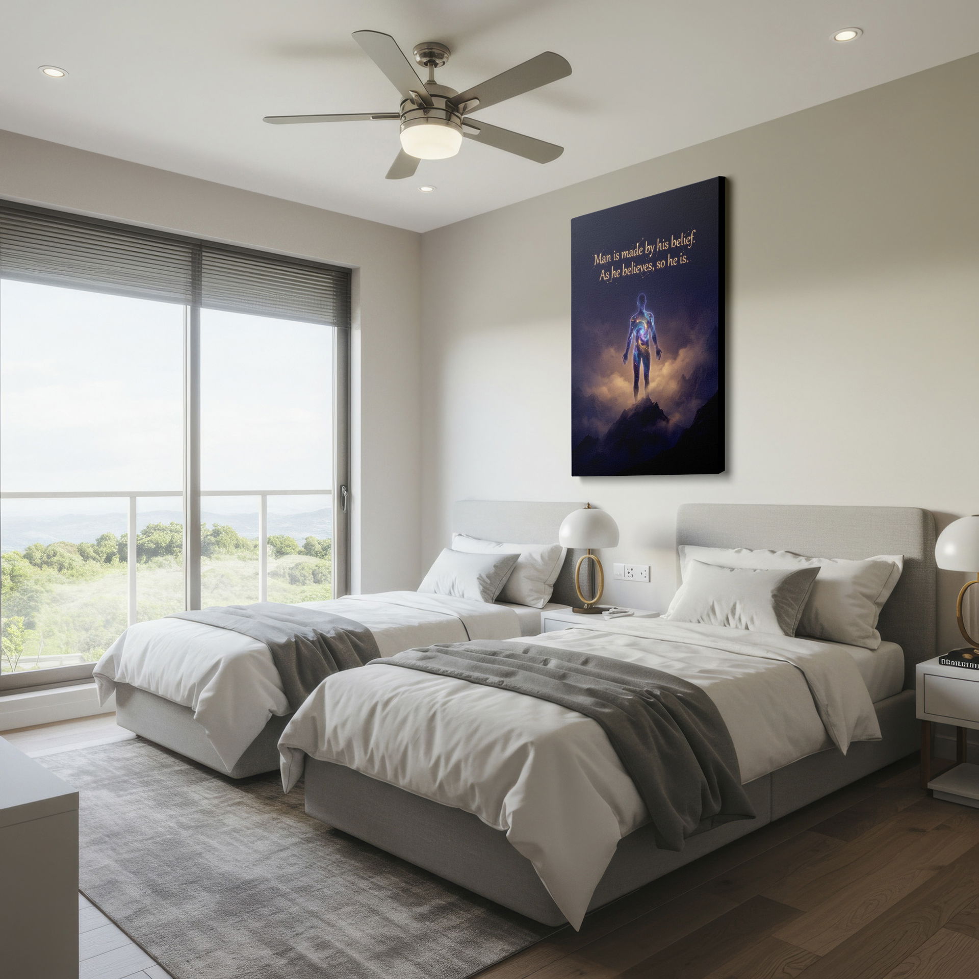 Wrapped Canvas art featuring a cosmic figure and 'Man is made by his belief,' a motivational piece for any room.