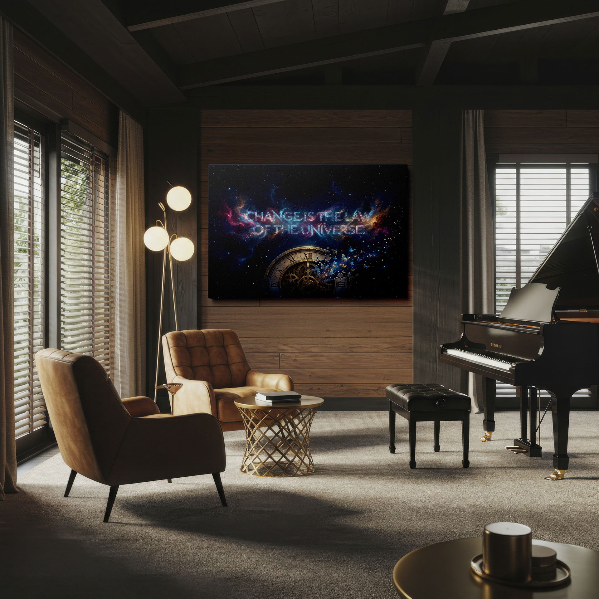 This digital painting showcases a broken clock, butterflies, and the statement 'Change is the Law' as wall decor.