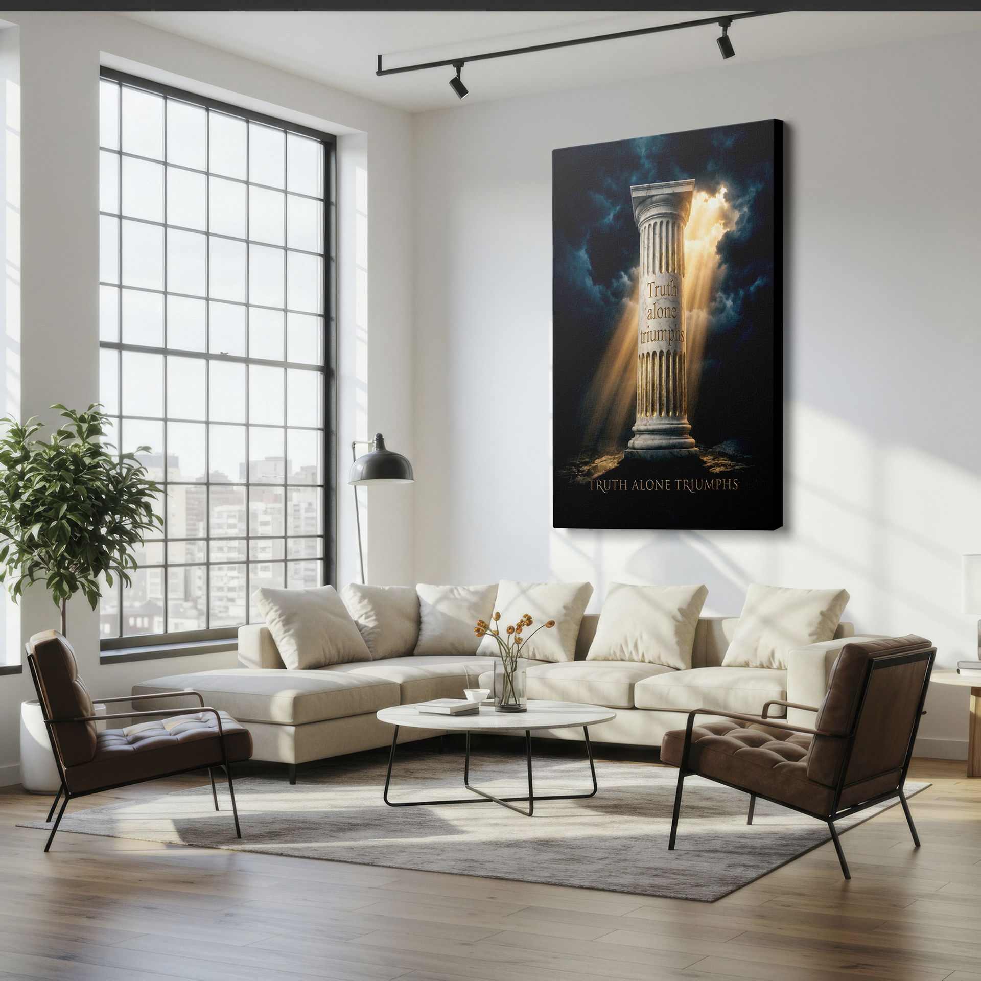 Inspirational wall art: 'Truth alone triumphs' message on a radiant marble column.
