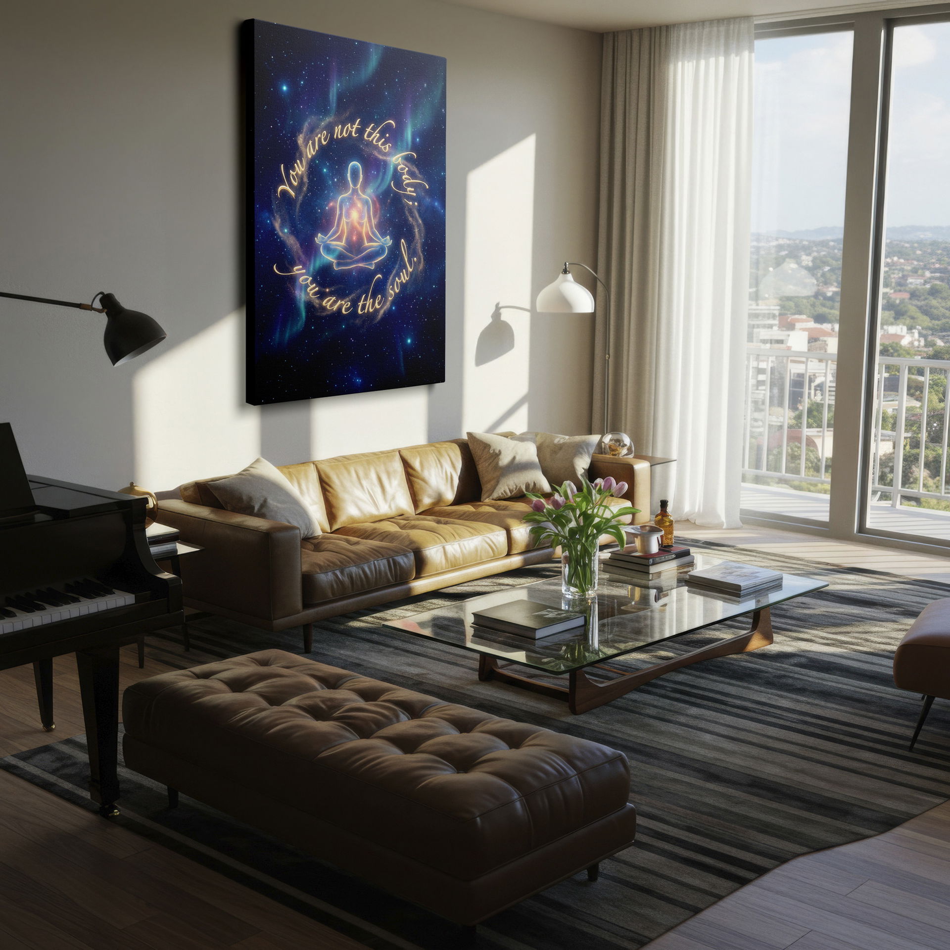 Meditation figure in space quote art, a serene and inspirational Wrapped Canvas.