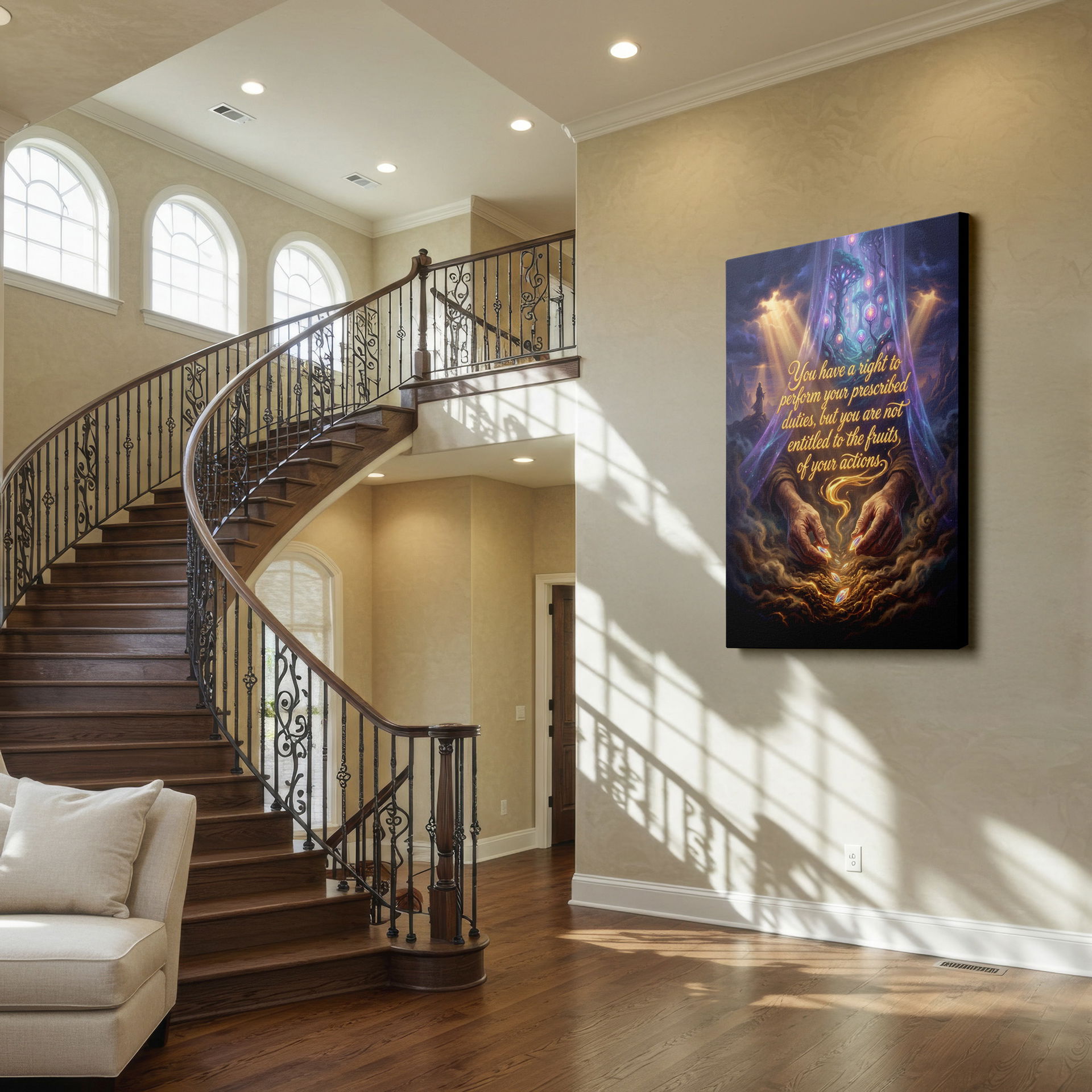 Spiritual wall art featuring celestial skies, hands scattering gems, and wisdom about prescribed actions.