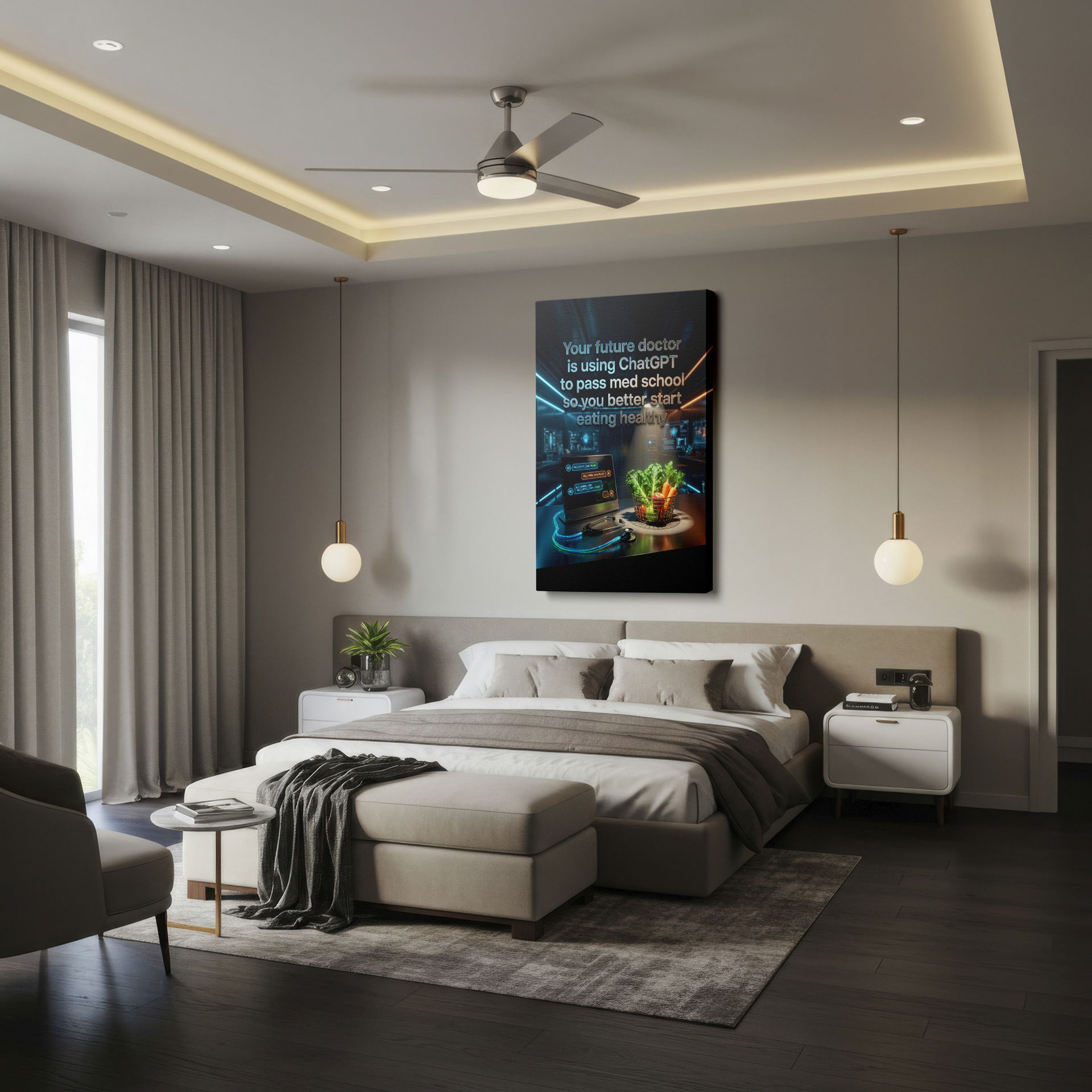 Modern wall art juxtaposing AI's advancements in medicine with a call for healthier eating habits.