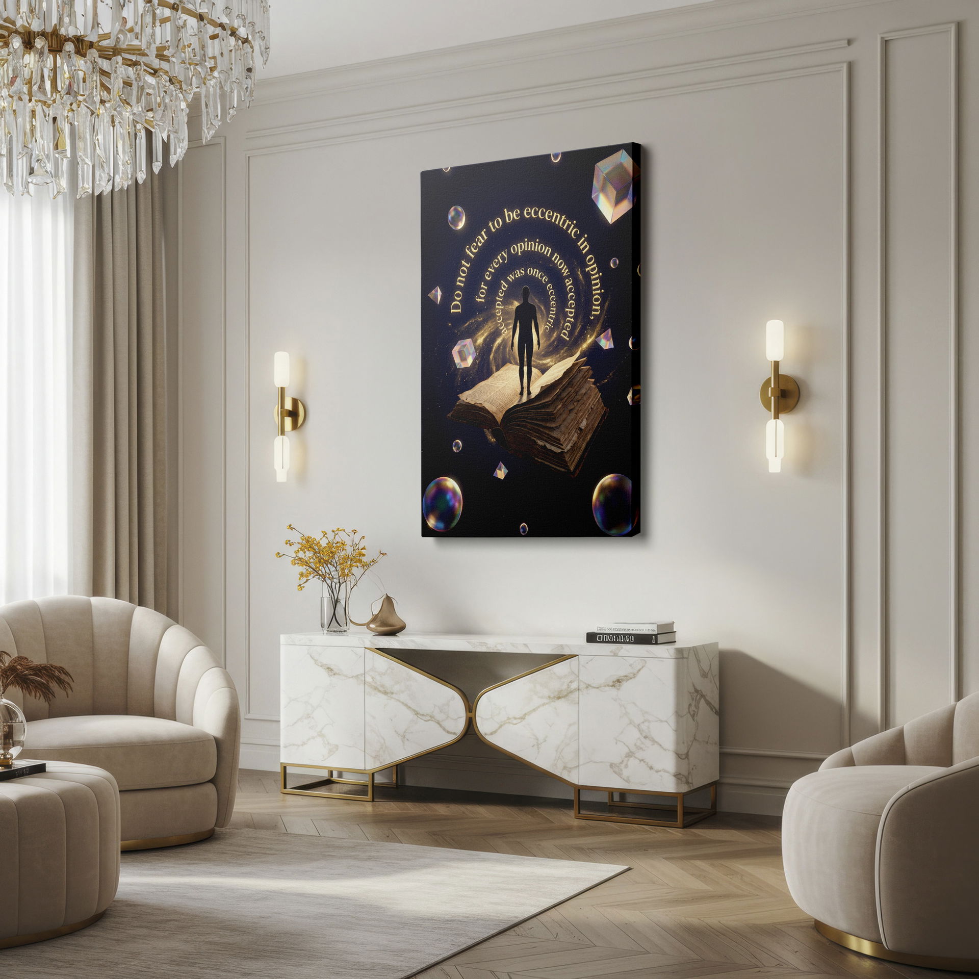 Cosmic themed silhouette with book; This thought-provoking canvas wall art promotes intellectual curiosity for home decor.