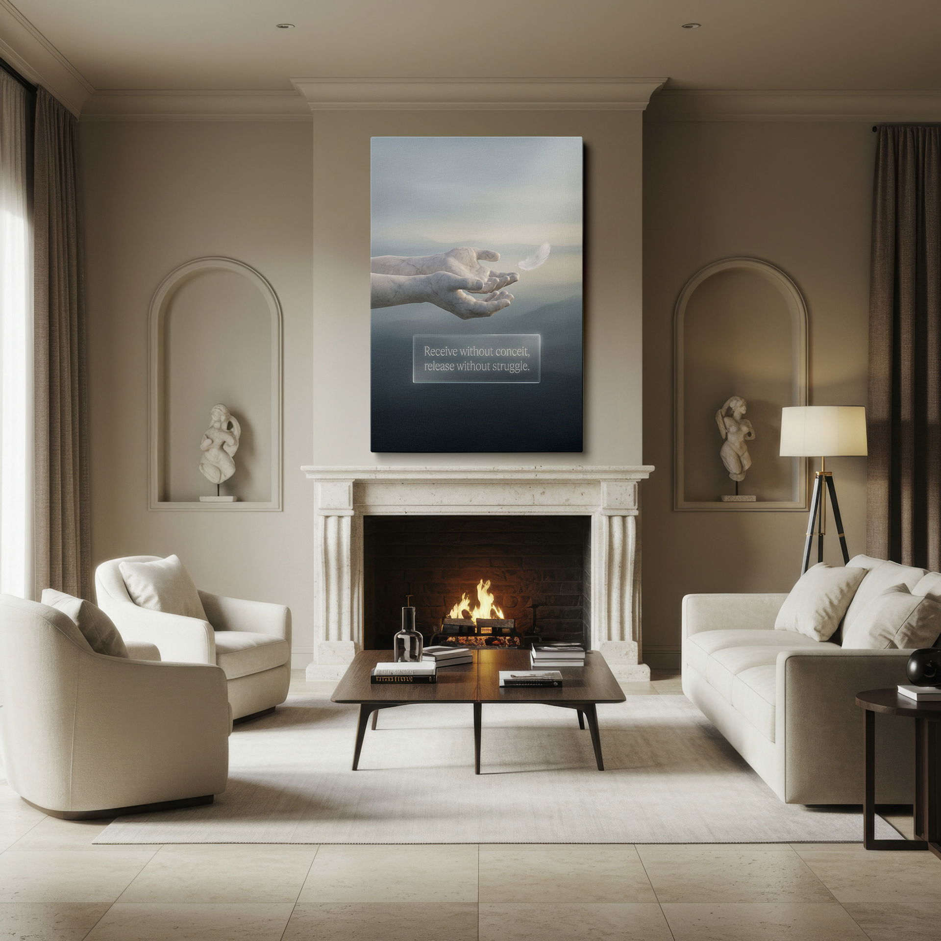 Marble hands gently open, a feather floats away, accompanied by 'Receive without conceit, release without struggle' - beautiful wall art.