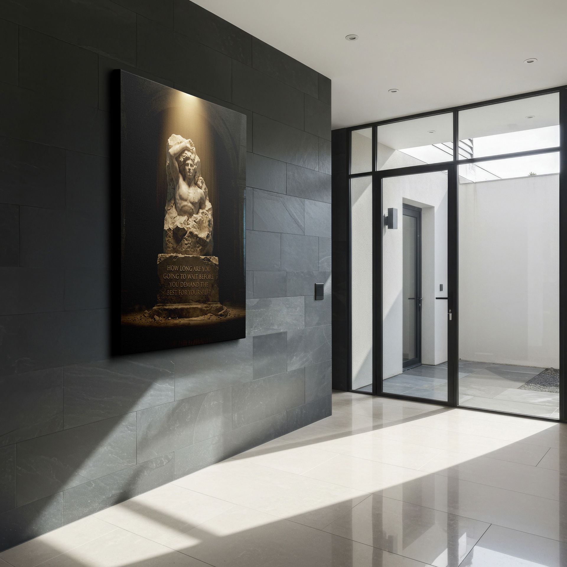 Unique stone statue Wrapped Canvas featuring an inspirational inscription, perfect for home or office wall decor.