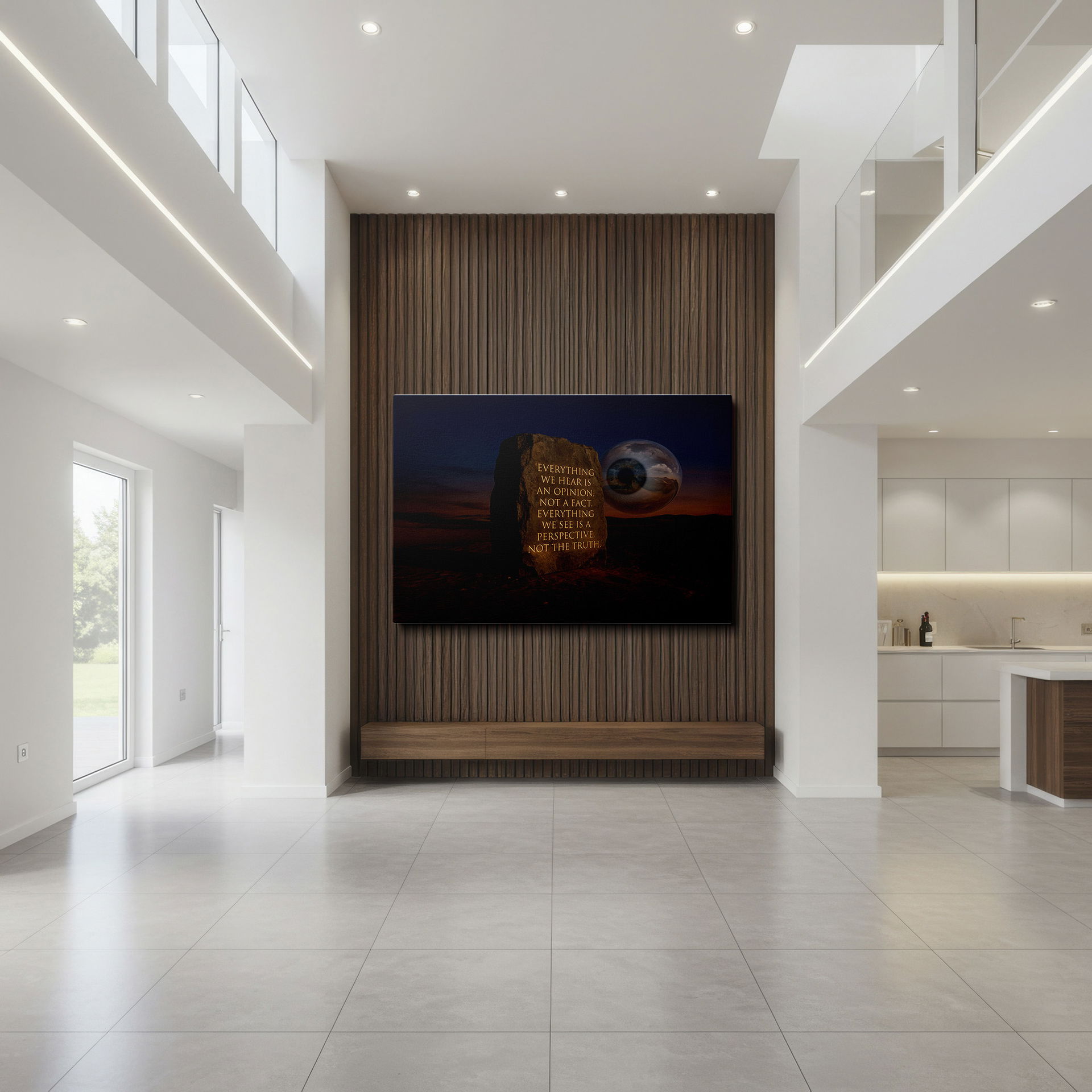 Philosophical wall art featuring a stone tablet with a quote and a surreal eye in the desert. Wrapped Canvas art.